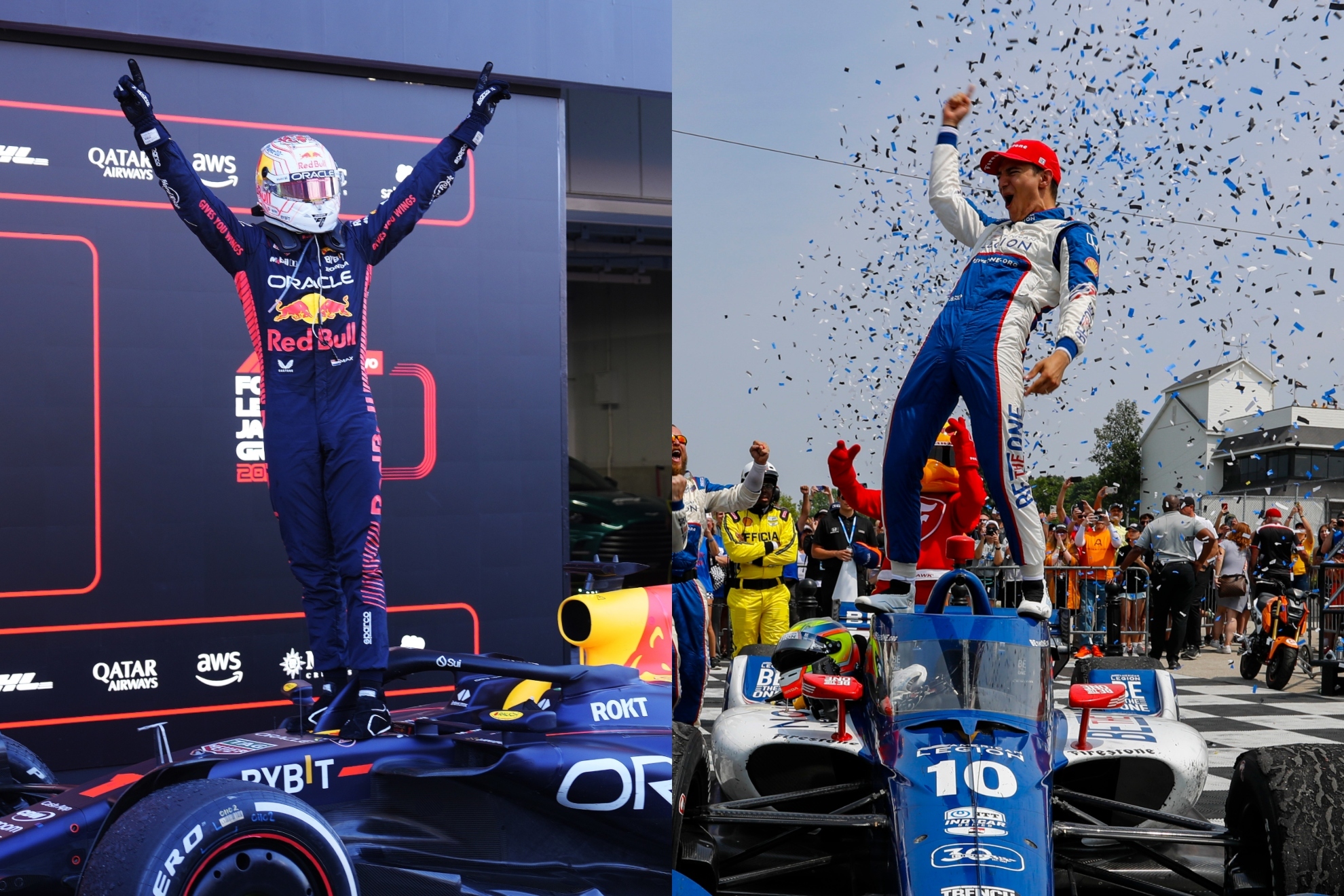 Max Verstappen y Álex Palou celebrando victorias en sus respectivas categorías