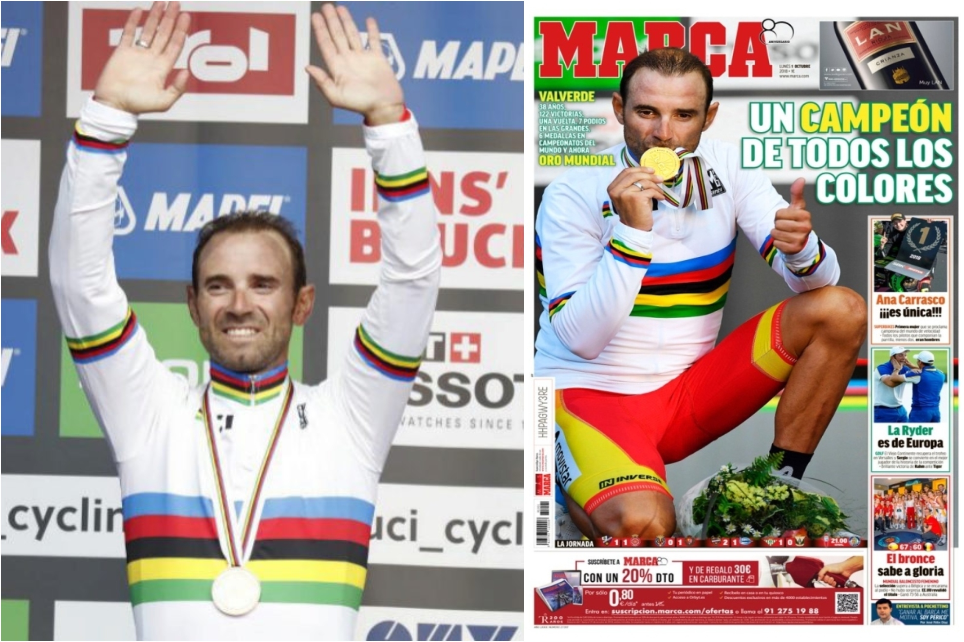 Un lustro del Mundial de un Alejandro Valverde que ahora tiene otro arcoíris entre ceja y ceja