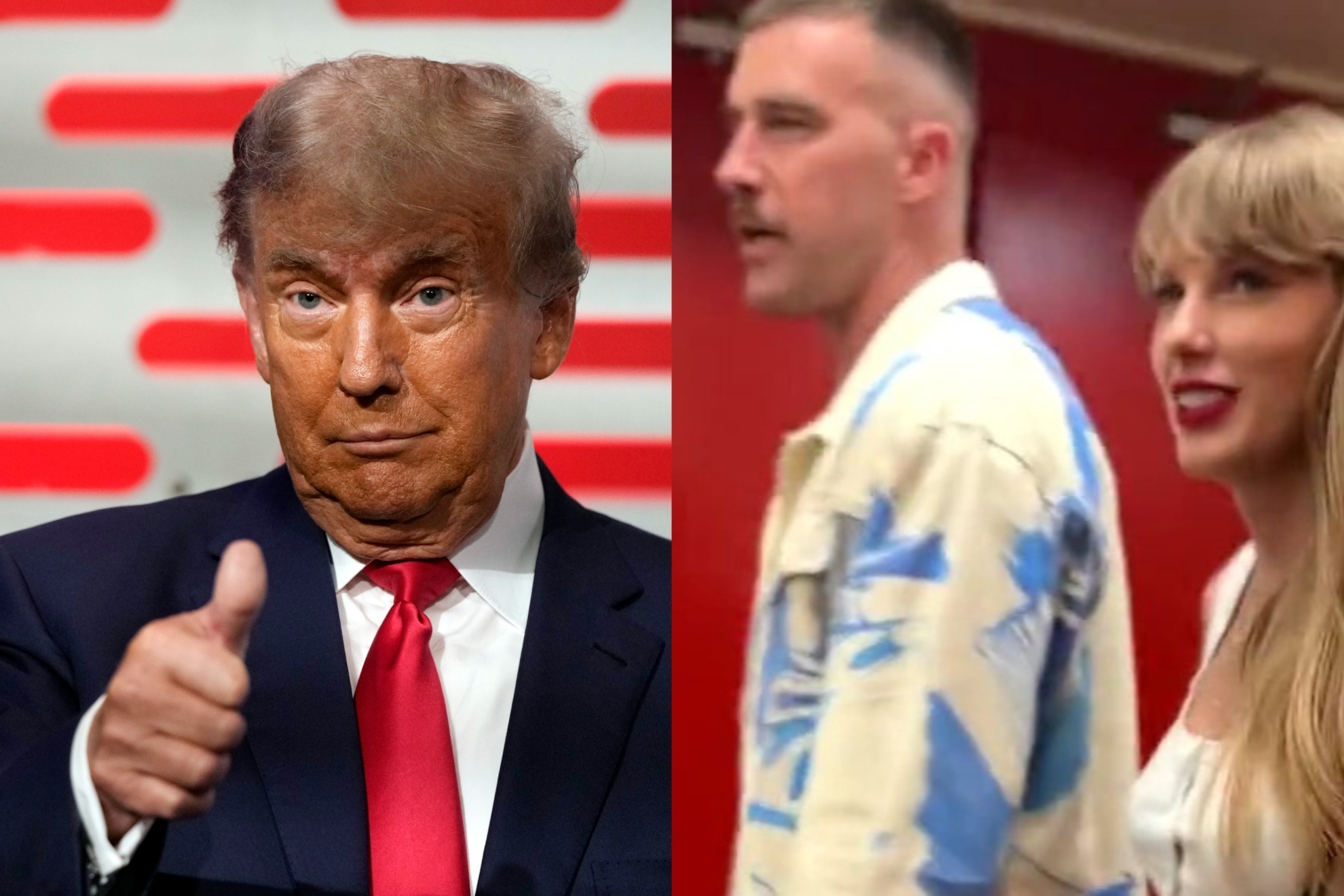 Mashup image of Donald Trump, Travis Kelce and Taylor Swift
