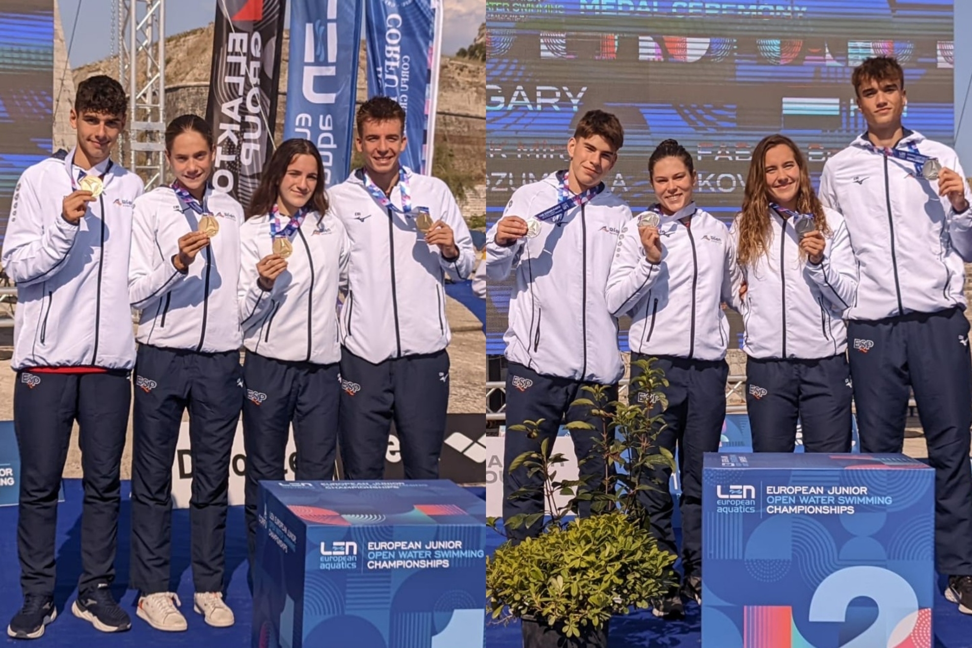 Los dos equipos españoles de relevos medallistas en los Europeos jr de aguas abiertas