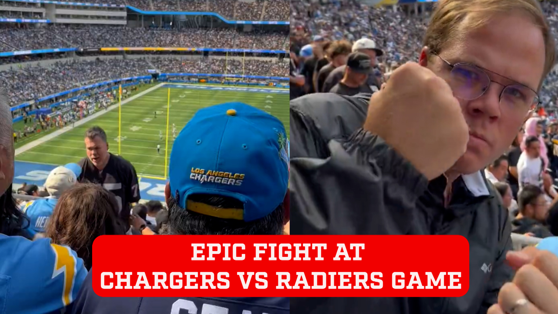 Man sent tumbling downstairs during epic fan 'boxing match' at Chargers vs Raiders game