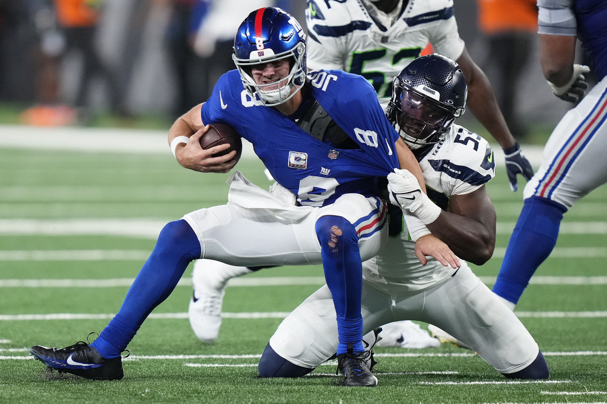 Giants' QB was sacked 10 times against the Seattle Seahawks on Monday Night Football.