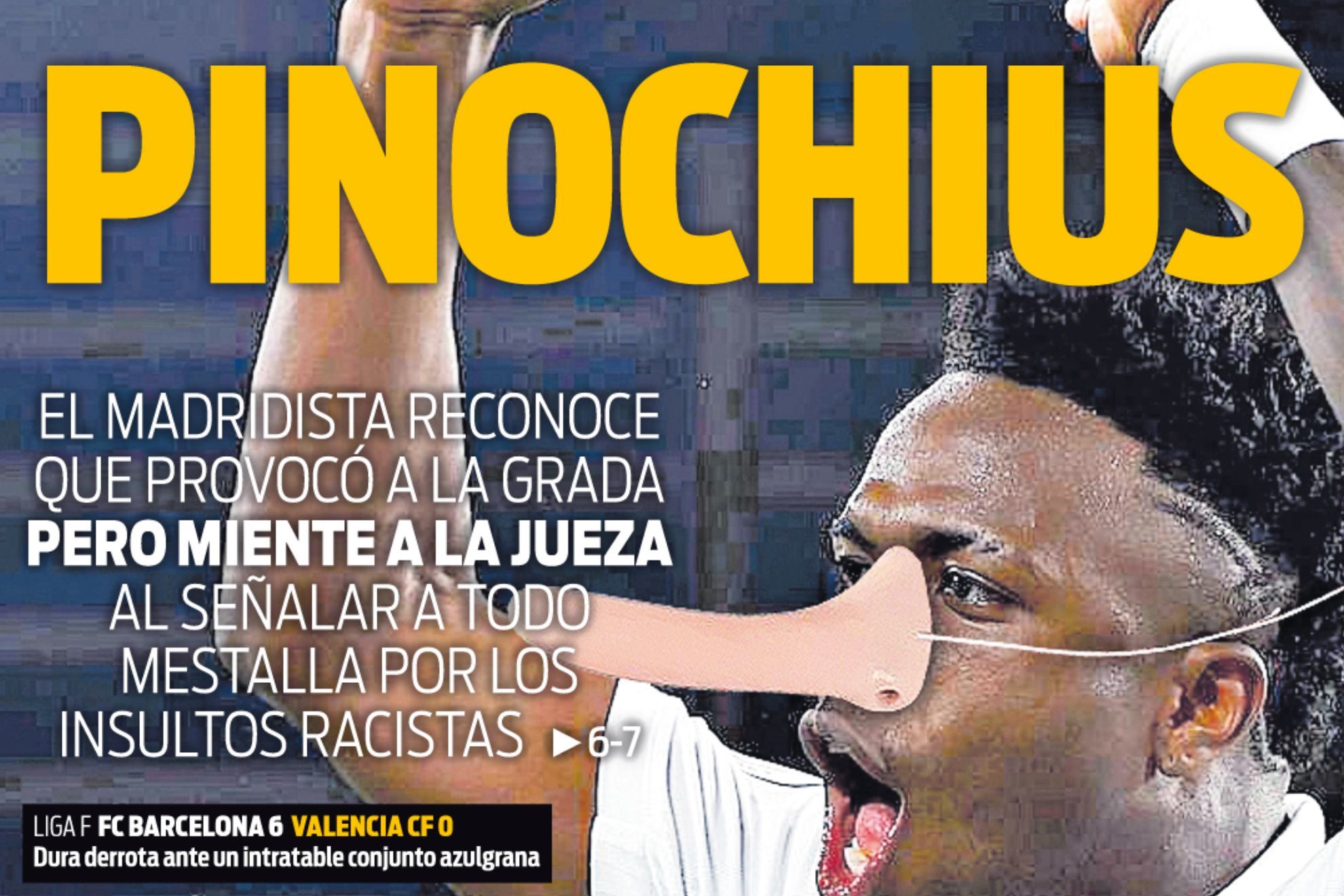 Superdeportes shocking front page of Vinicius as Pinocchio, in which they accuse the Real Madrid player of lying.
