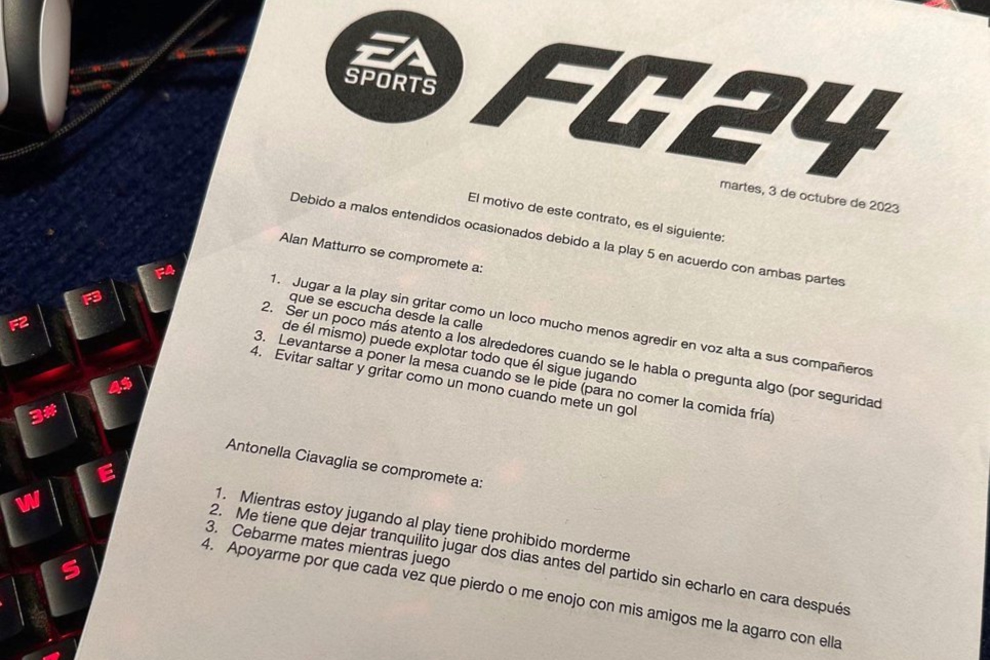 El contrato del futbolista Alan Maturro con su novia para jugar al EA Sports FC 24