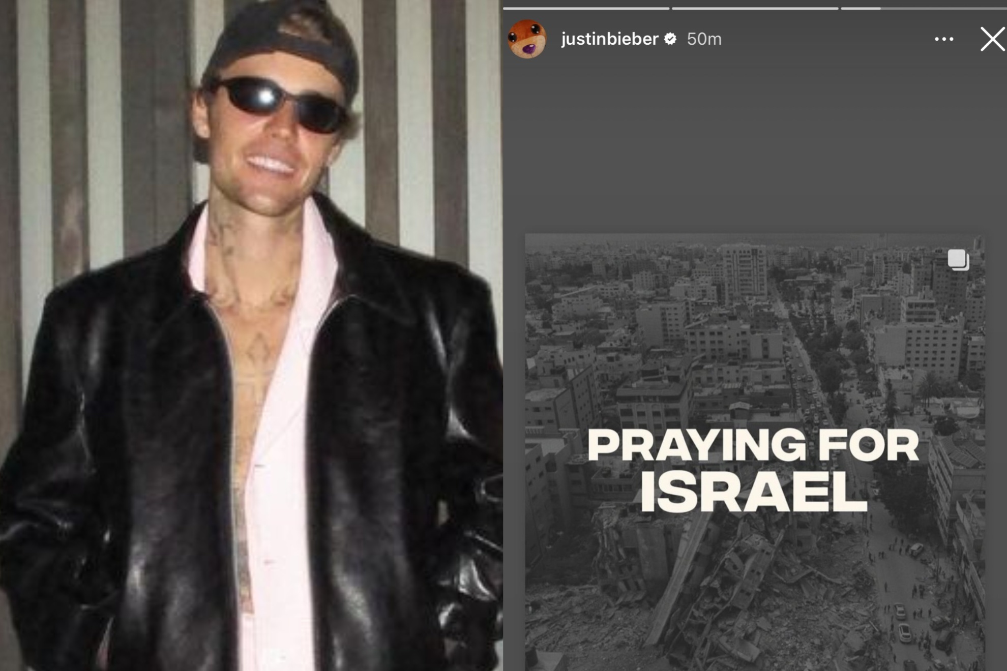 Justin Bieber took down a photo from his Instagram stories about the war in Israel