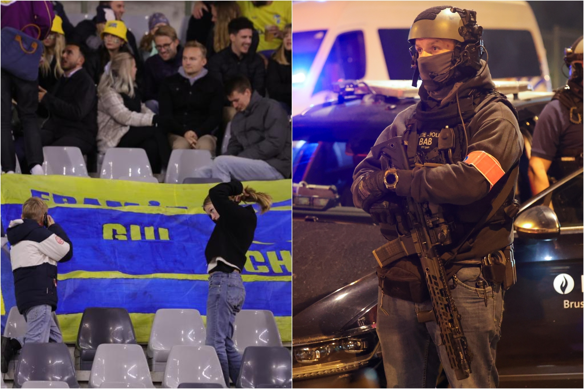 Los aficionados suecos en Bruselas y un policia belga en la escena.