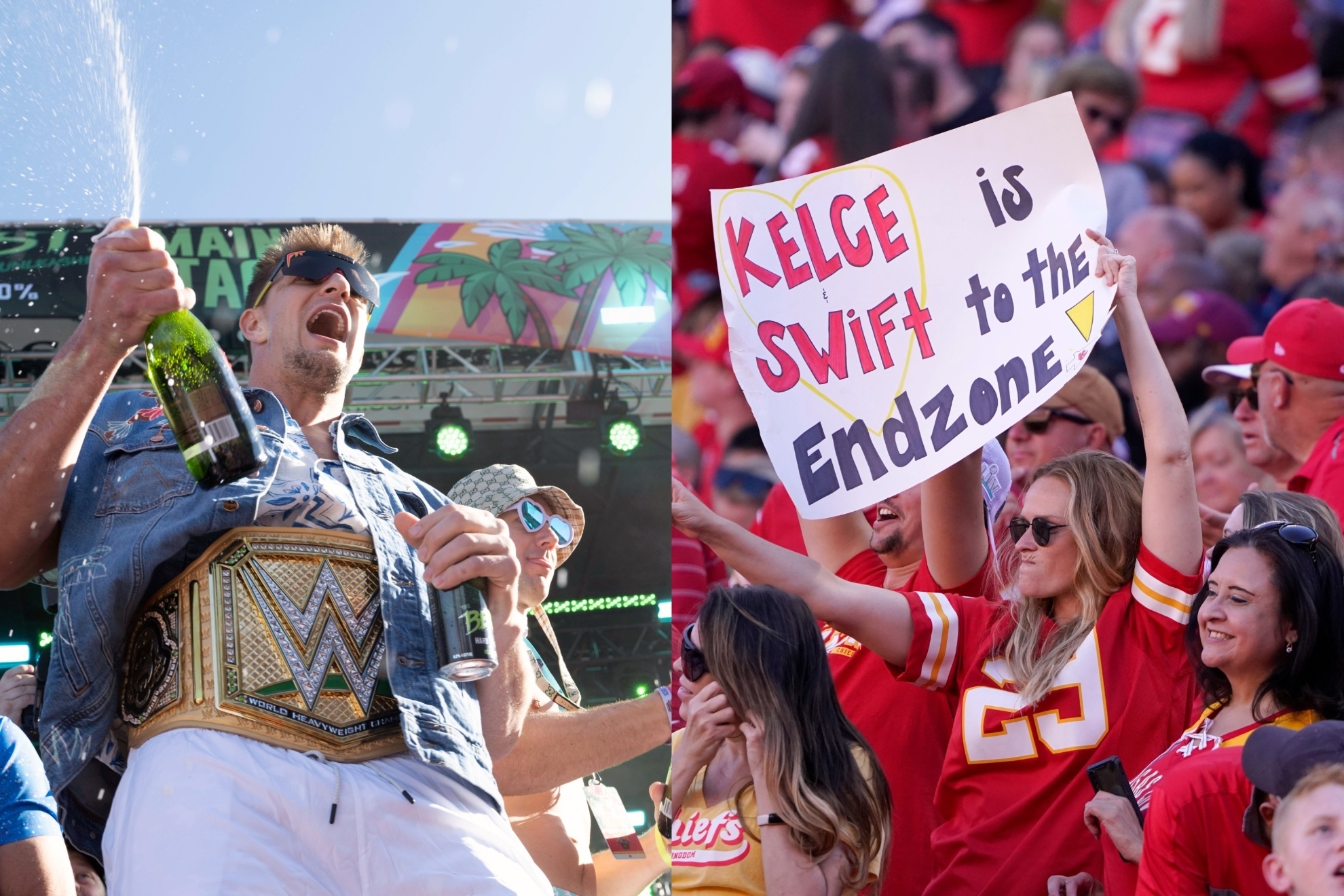 Image of Rob Gronkowski next to a Travis Kelce/Taylor Swift sign