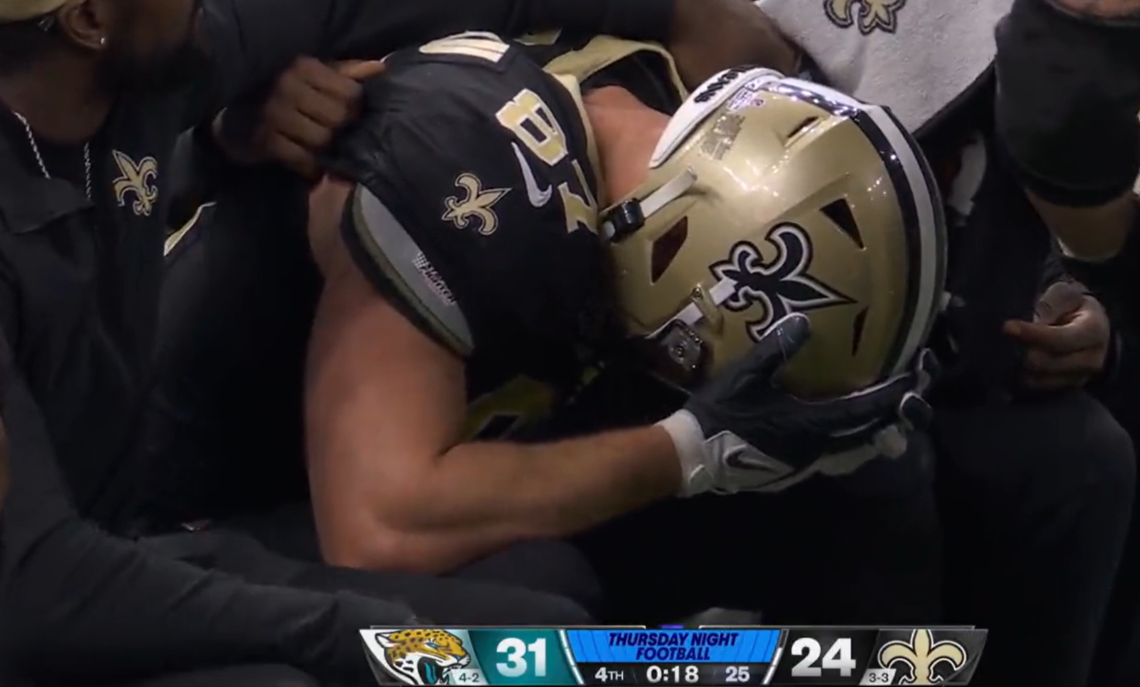 Saints' TE Foster Moreau, gutted after costly drop in Q4.