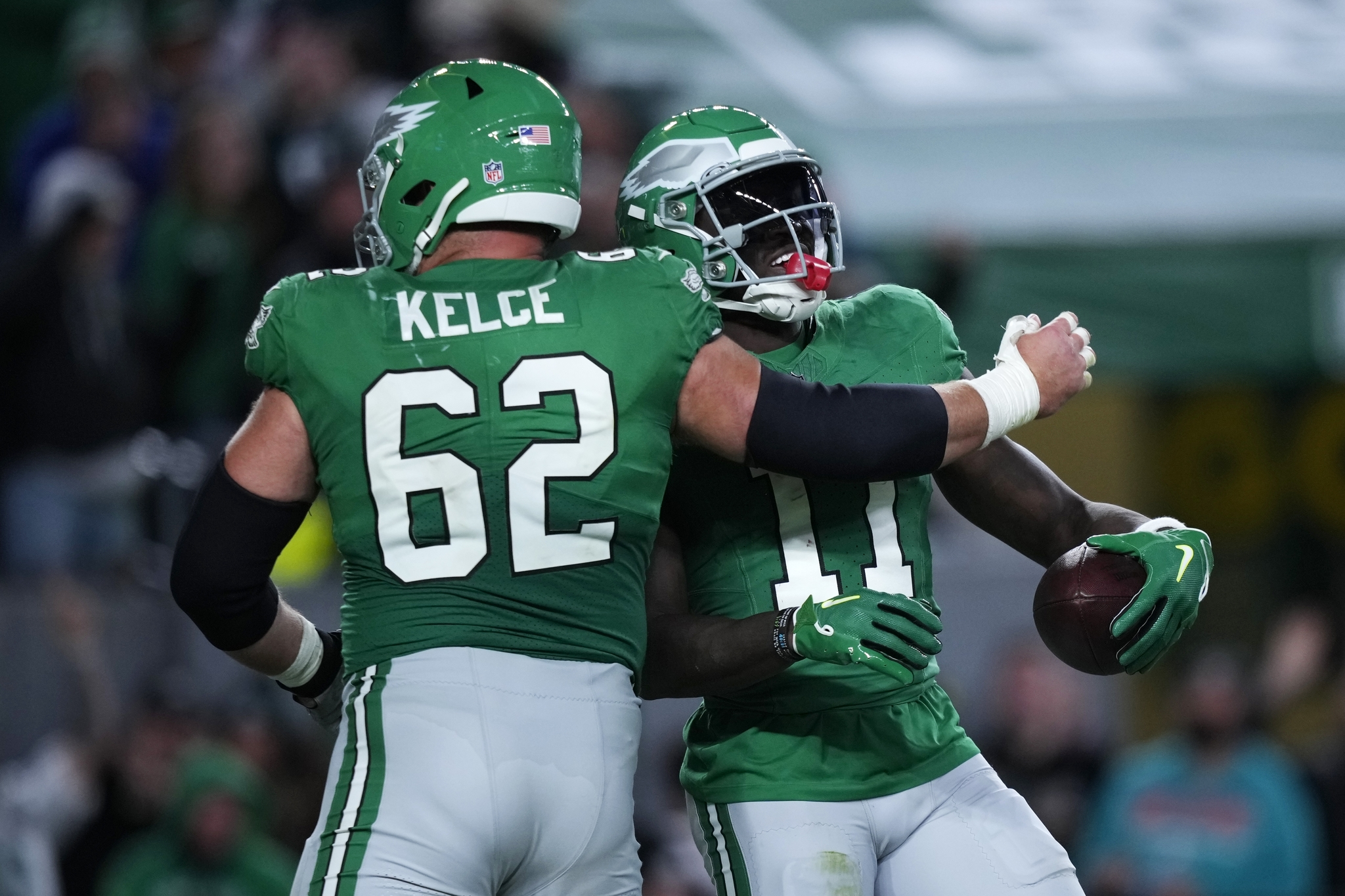 Jason Kelce and AJ Brown celebrate after an Eagles touchdown on SNF against the Miami Dolphins.
