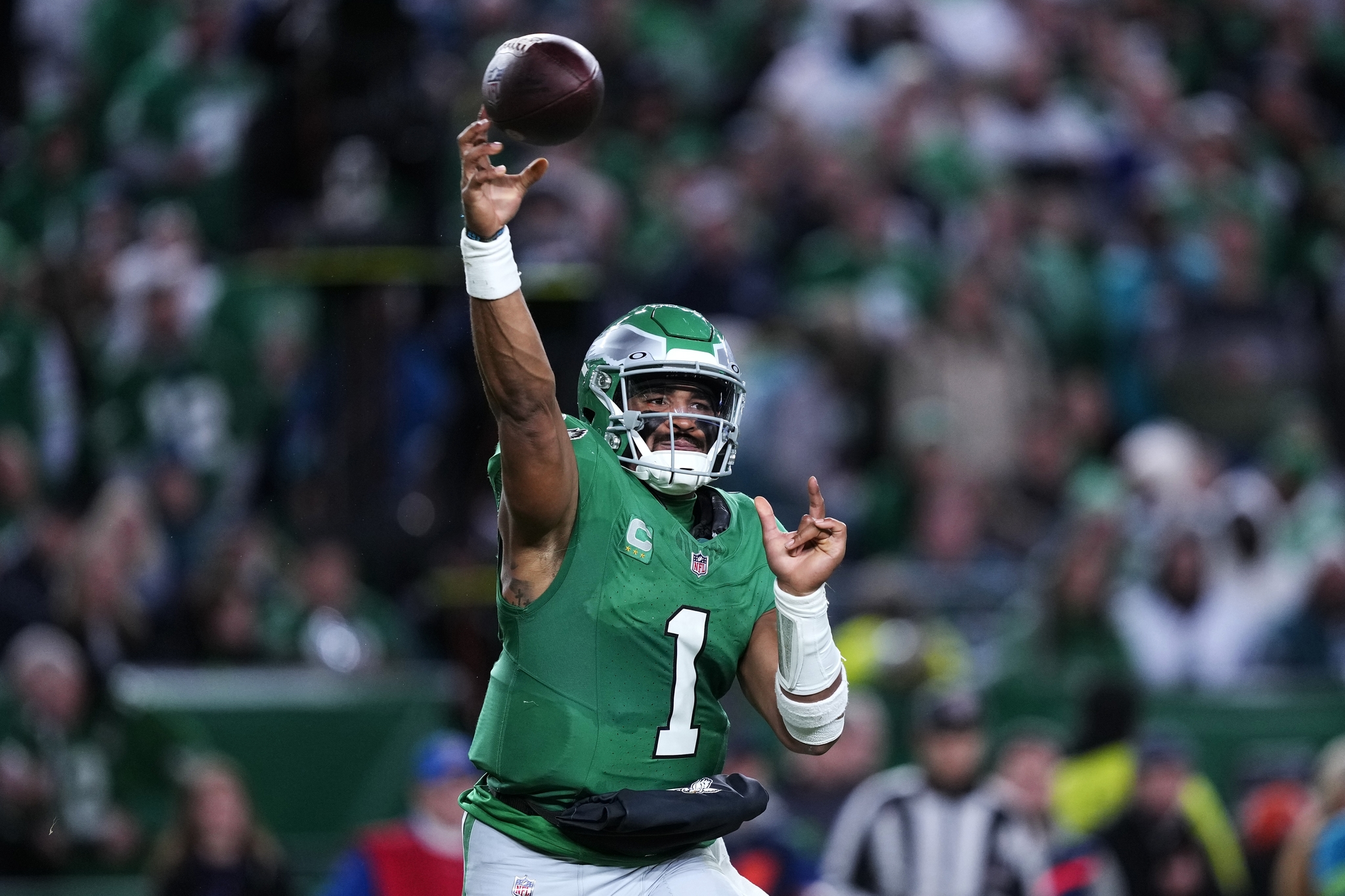 Philadelphia Eagles quarterback Jalen Hurts (1) throws during the second half of an NFL football game against the Miami Dolphins on Sunday, Oct. 22, 2023, in Philadelphia. (AP Photo/Matt Rourke)