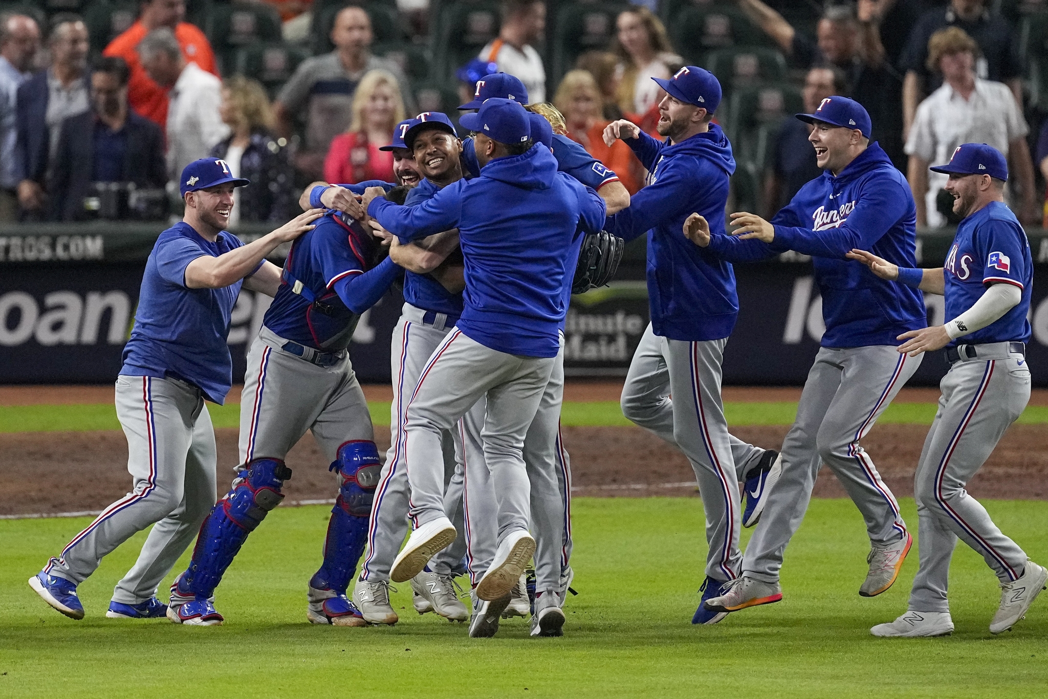The Texas Rangers celebrate at Houstons Minute Maid Park after making first World Series in over a decade.