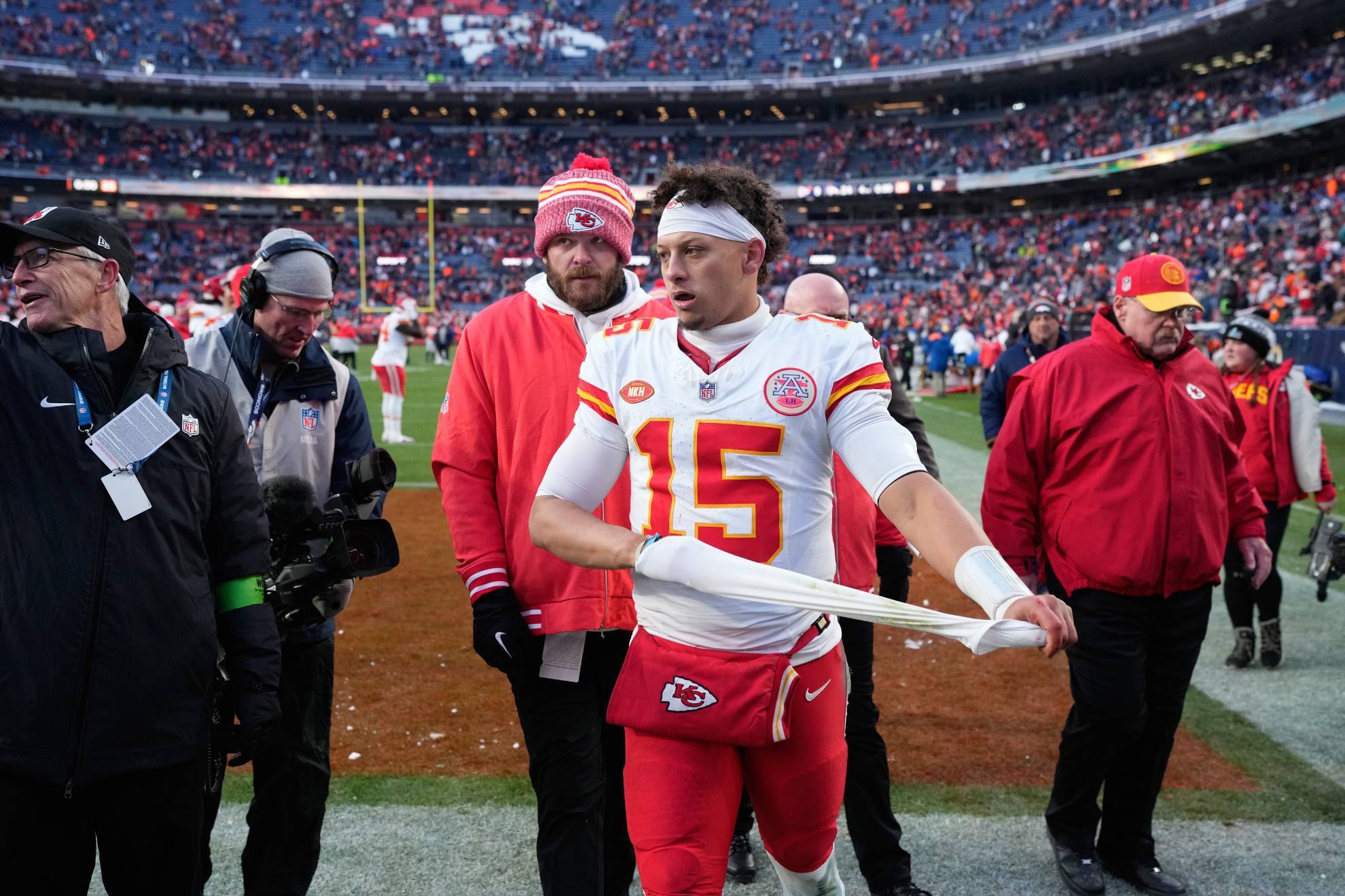 Patrick Mahomes heads off the field after an NFL football game against Denver Broncos