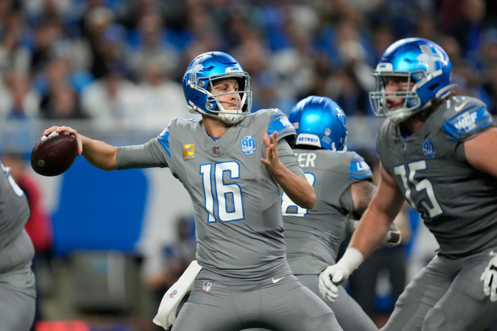 Detroit Lions quarterback Jared Goff throws during the first half of an NFL football game against the Las Vegas Raiders