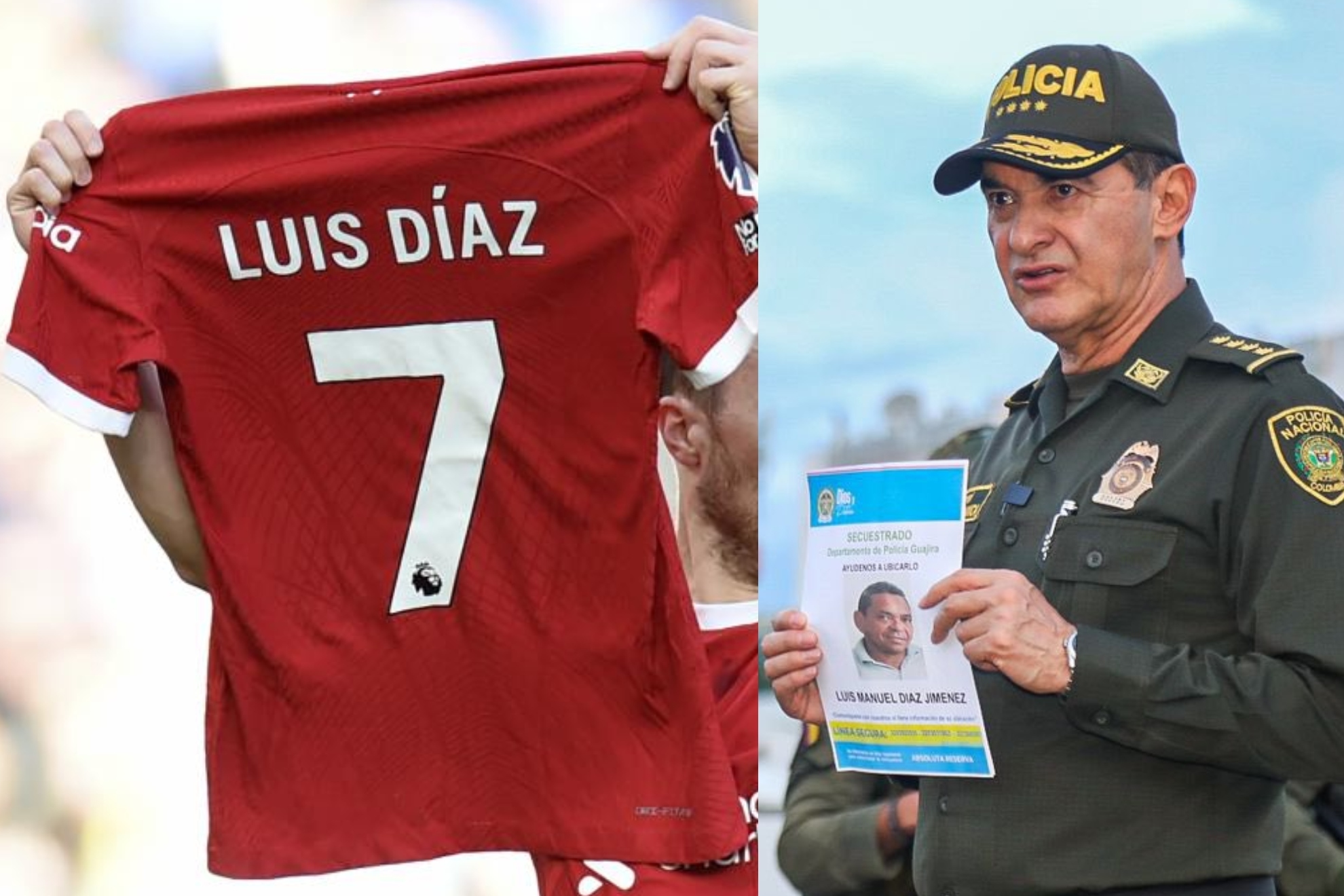 Un montaje con una camiseta de Luis Díaz y otra del general William René Salamanca con una fotografía del padre del jugador.