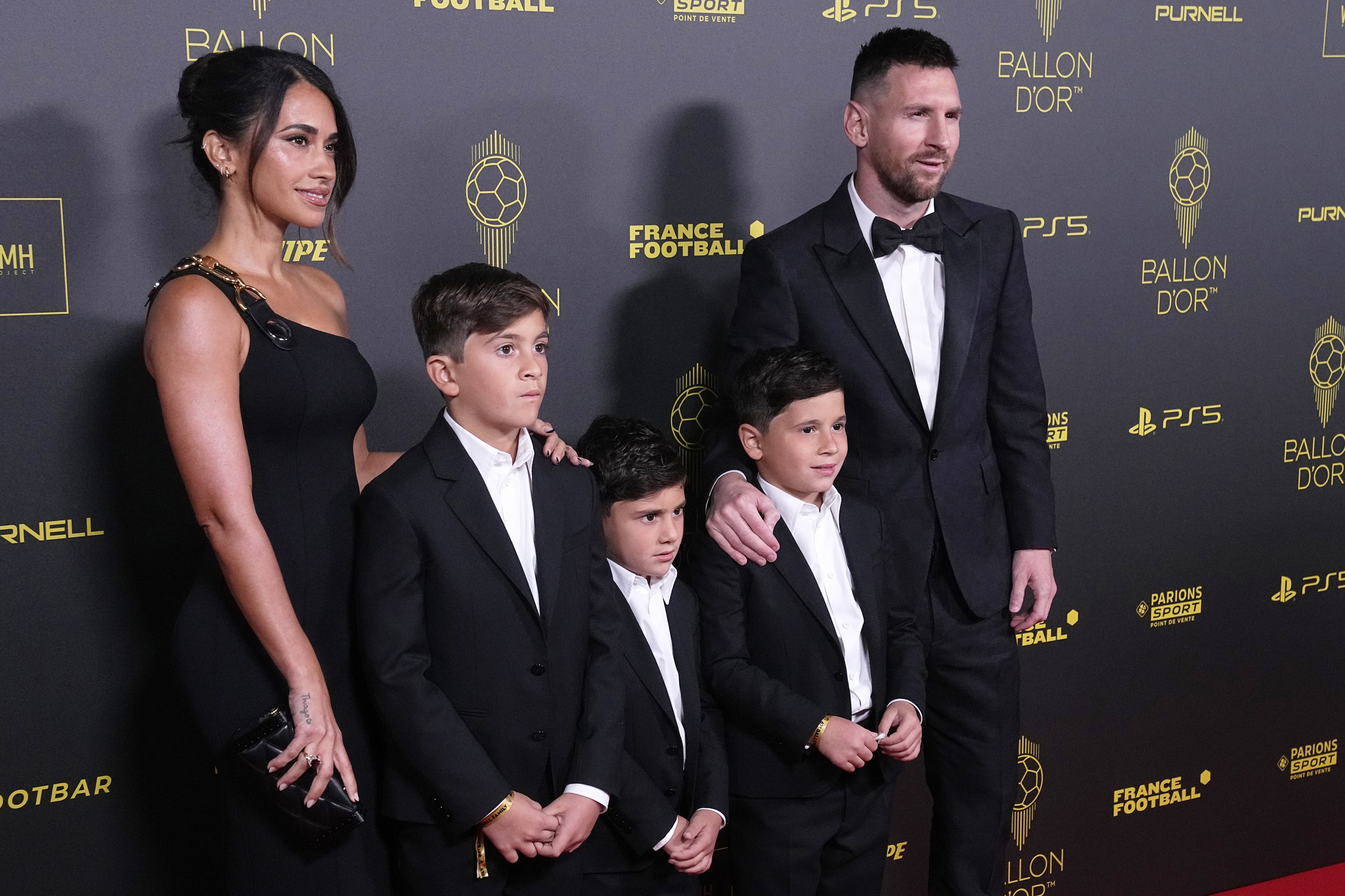 Inter Miami's Lionel Messi with Antonela Roccuzzo and their childrenat the 67th Ballon d'Or award ceremony