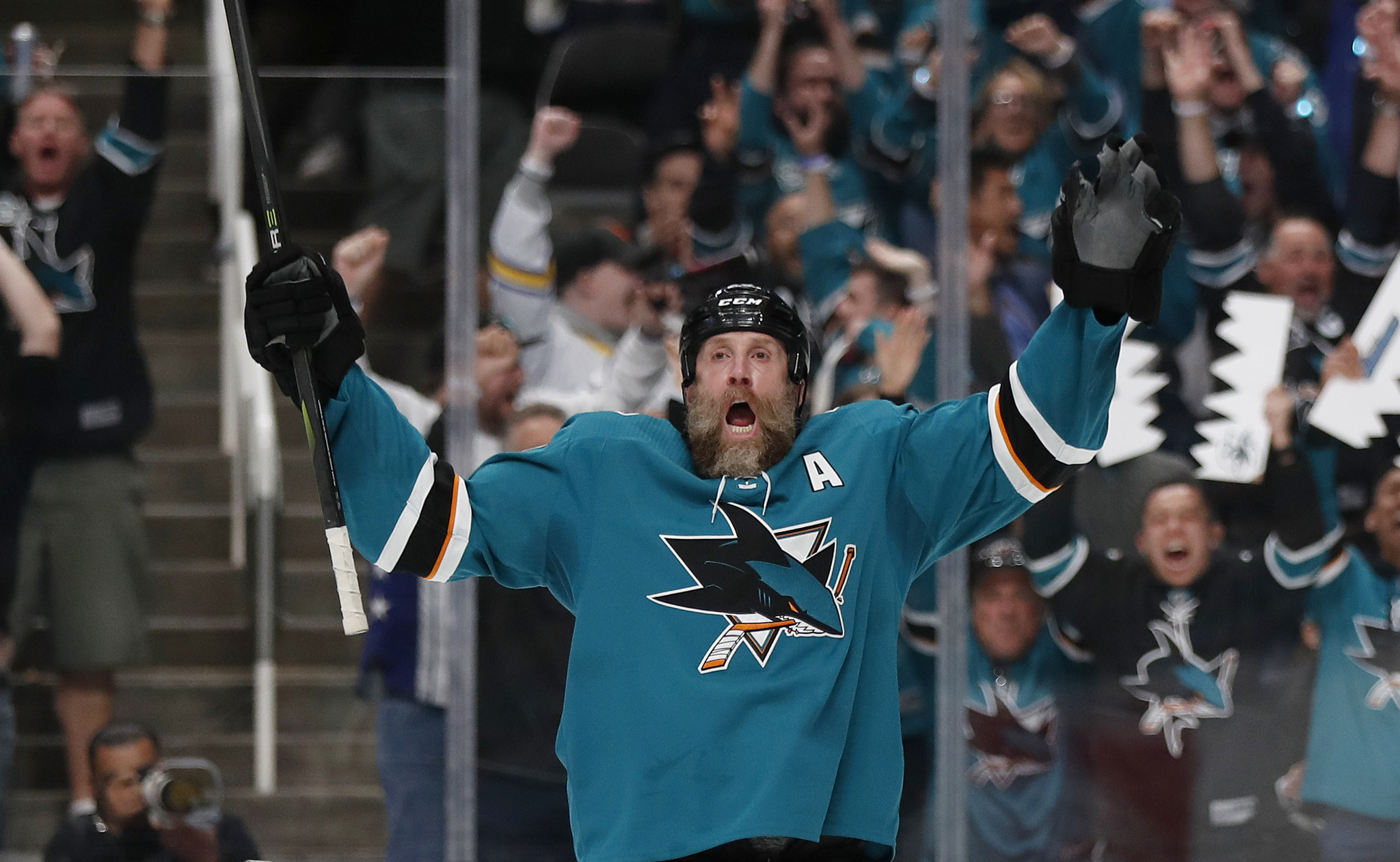 San Jose Sharks' Joe Thornton celebrates goal against Vegas Golden Knights during Game 2 of NHL 2019 playoff series
