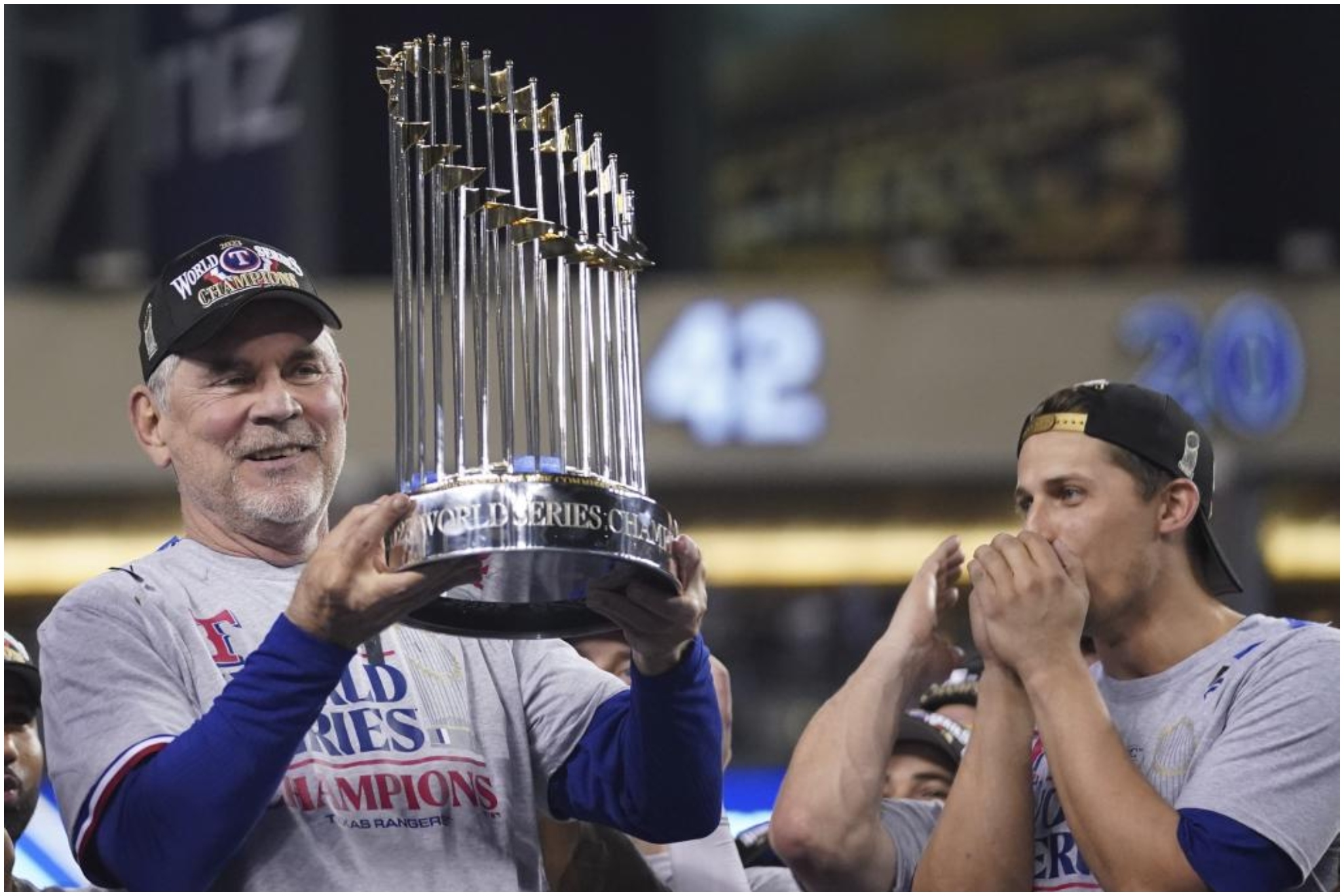 Bruce Bochy with the World Series Trophy