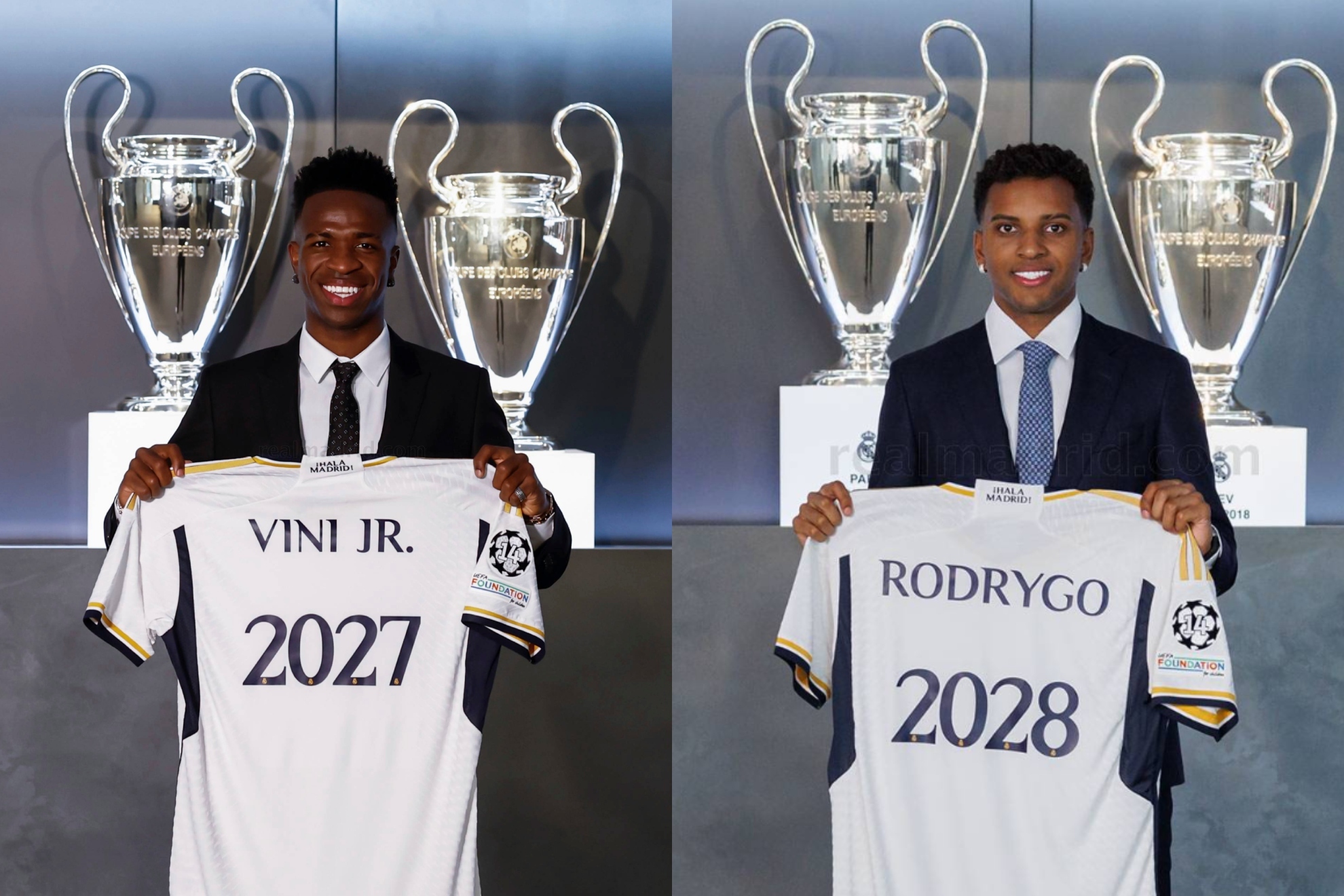 Vinicius y Rodrygo, en los actos de sus respectivas renovaciones con el Real Madrid.