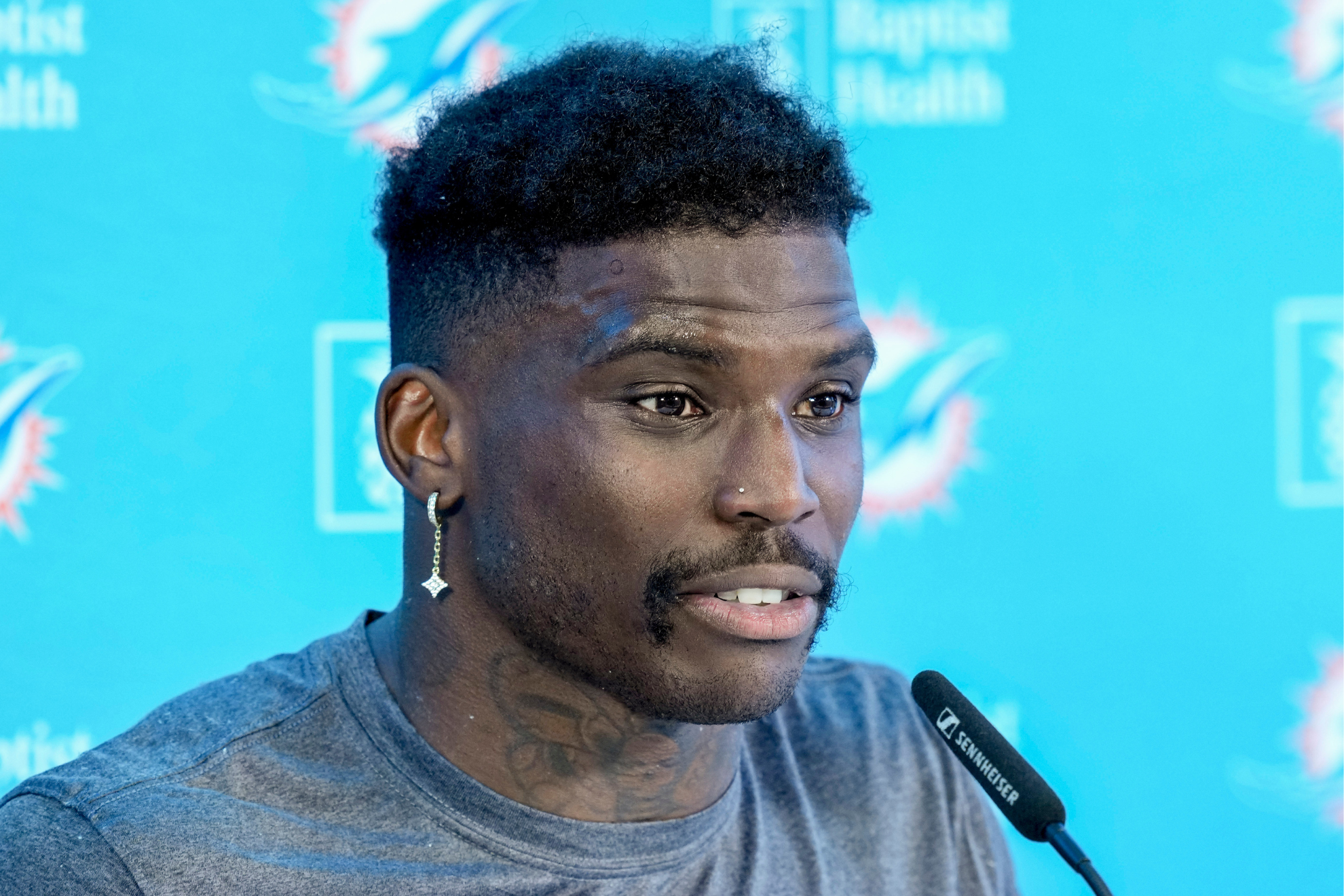 Tyreek Hill at a press conference in Frankfurt, Germany.
