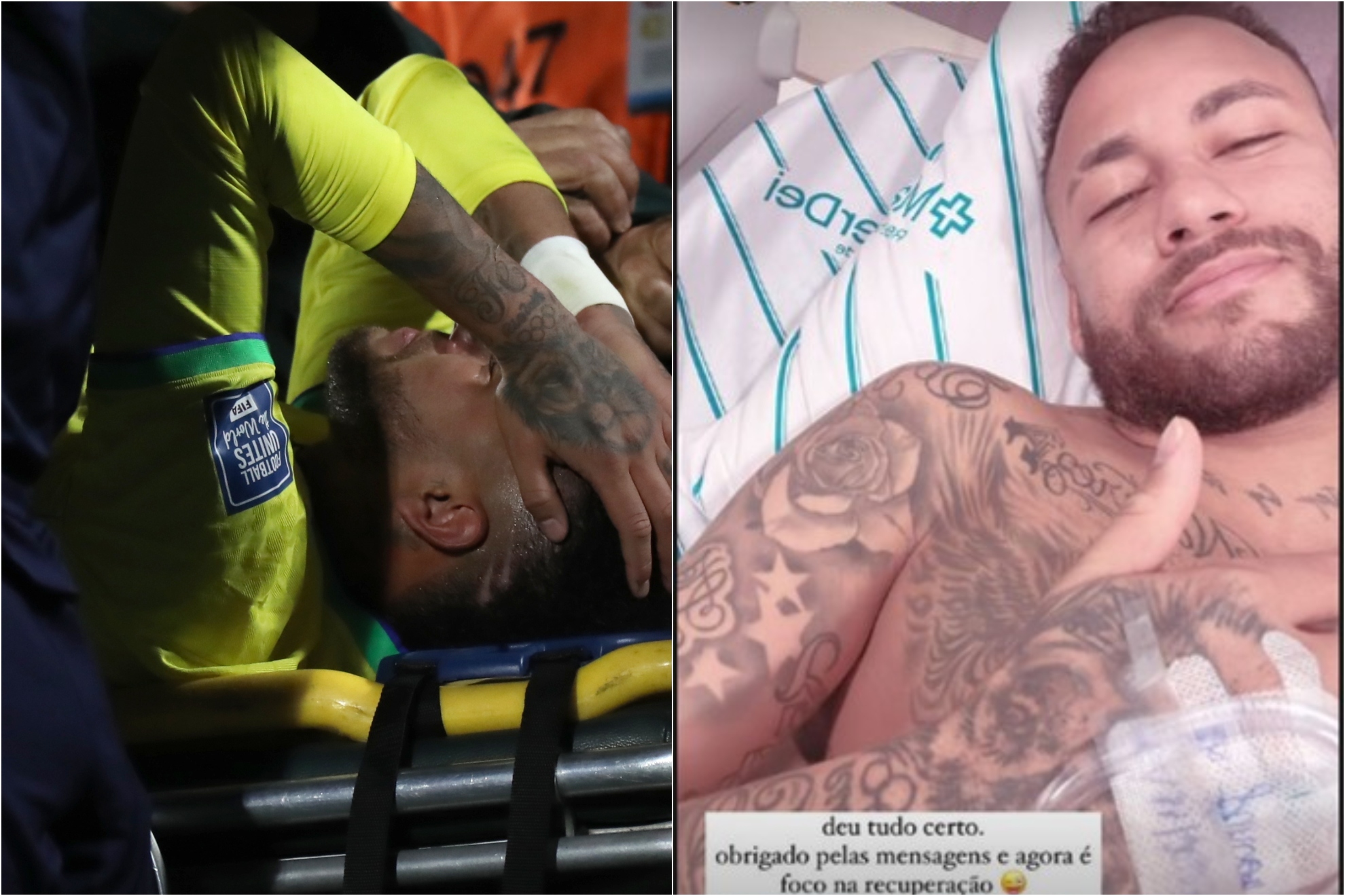 Neymar, en camilla, en el momento de la lesión y justo después de ser operado