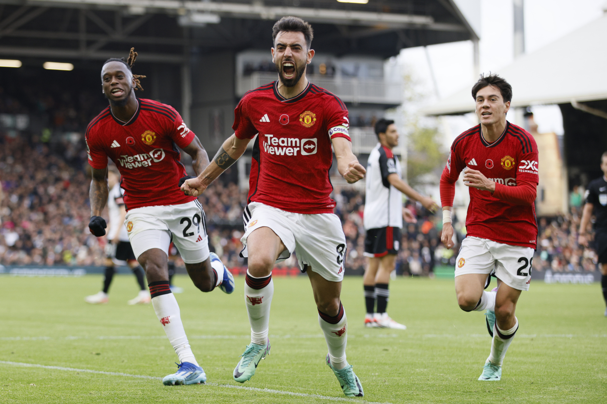 Manchester United's Bruno Fernandes celebrates after scoring his side's opening goal.