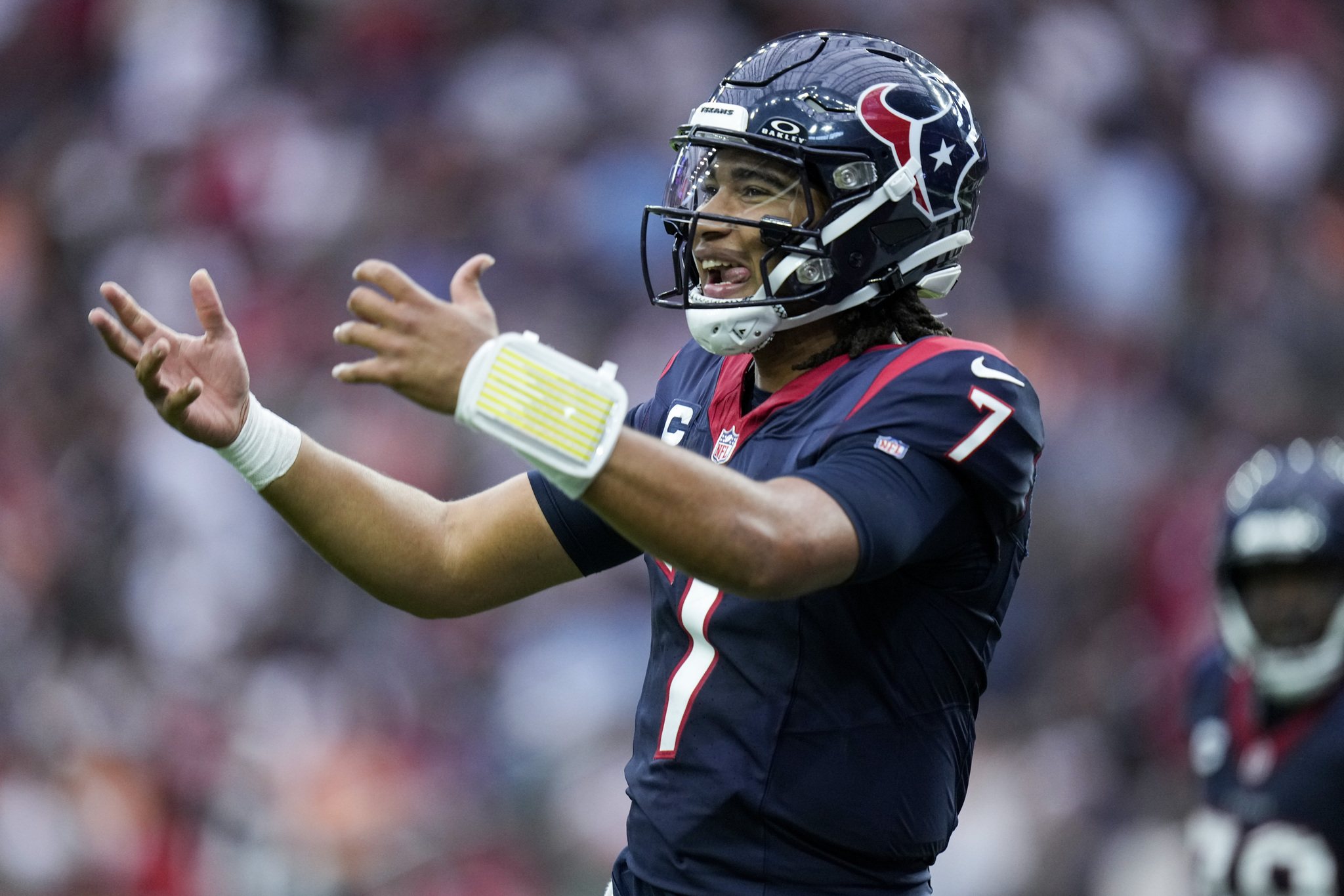Houston Texans quarterback C.J. Stroud reacts after scoring on a 2-point conversion against the Tampa Bay Buccaneers.