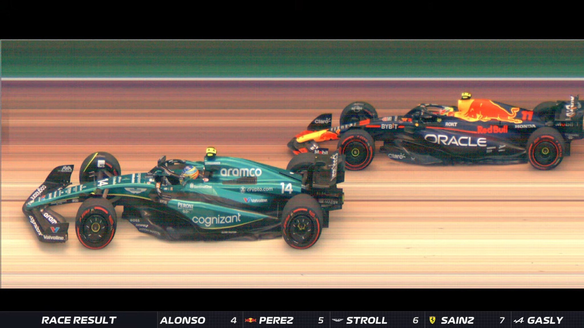 Foto finish de Fernando Alonso y Checo Pérez en el GP de Brasil