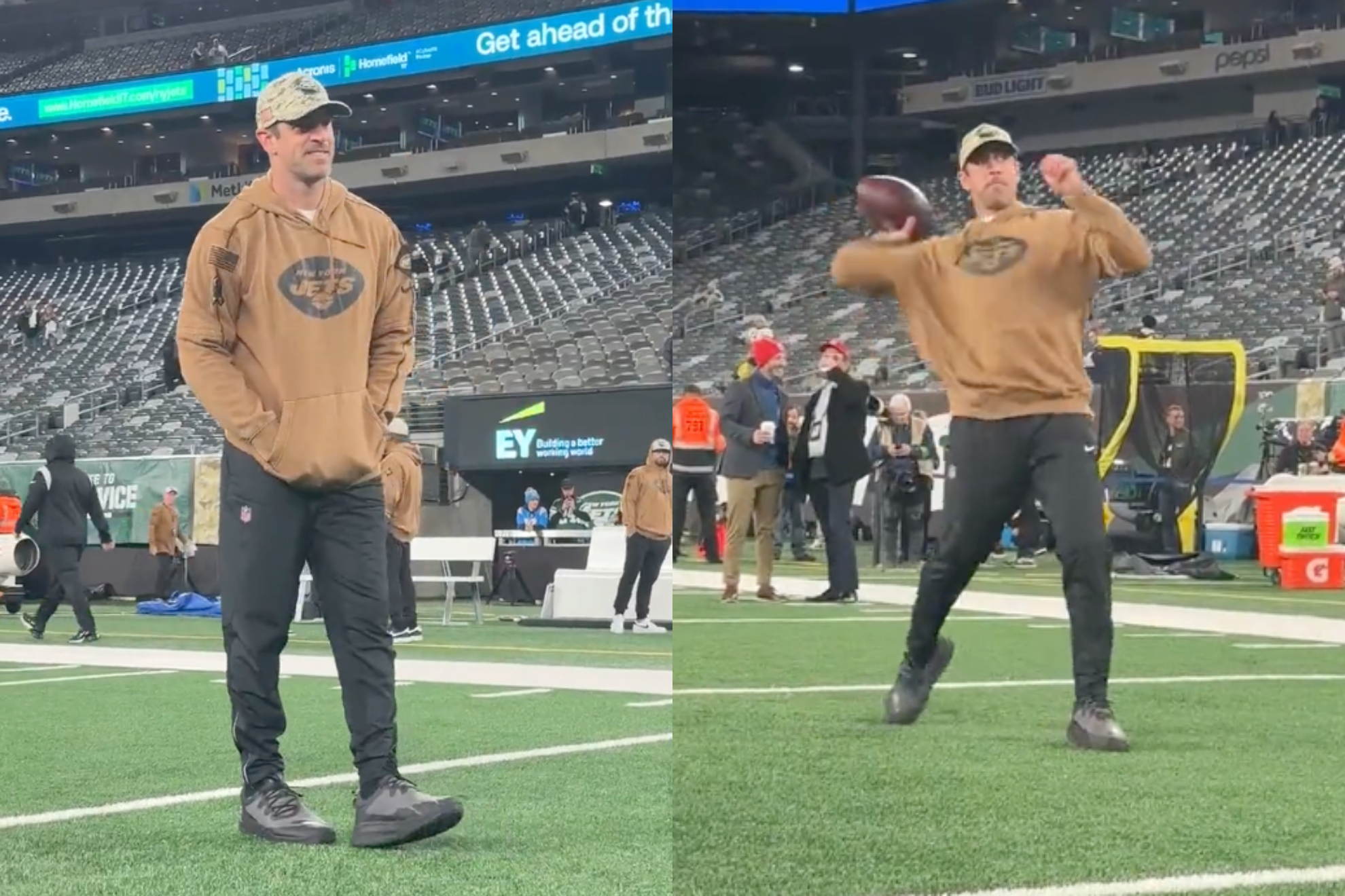 Aaron Rodgers warms up before Monday Night Football.
