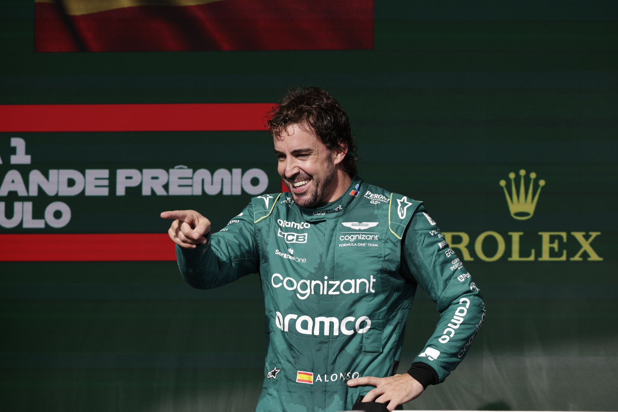 Fernando Alonso on the podium at Brazil