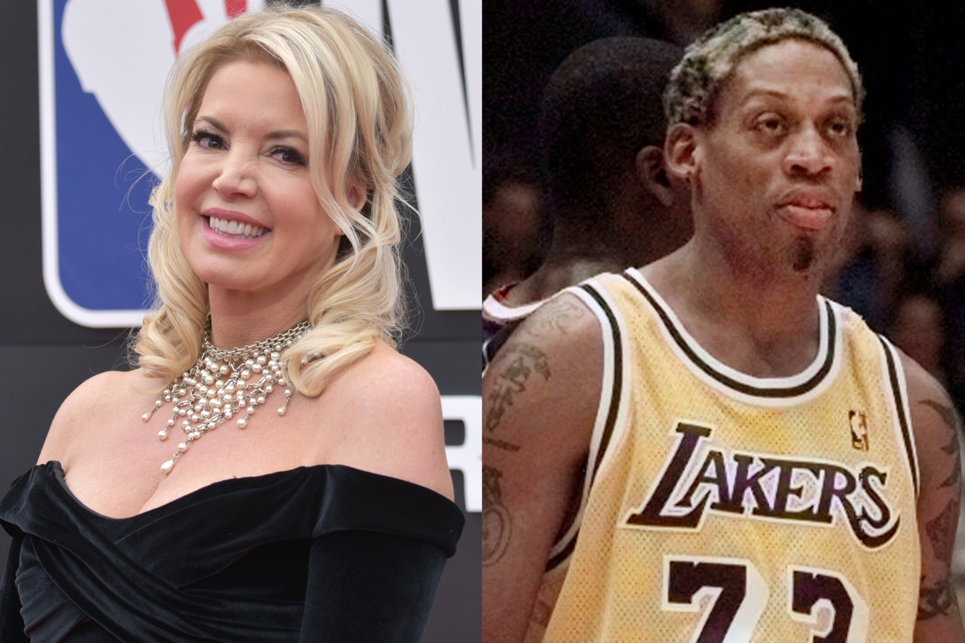 Los Angeles Lakers owner, Jeanie Buss, and former team star Dennis Rodman.