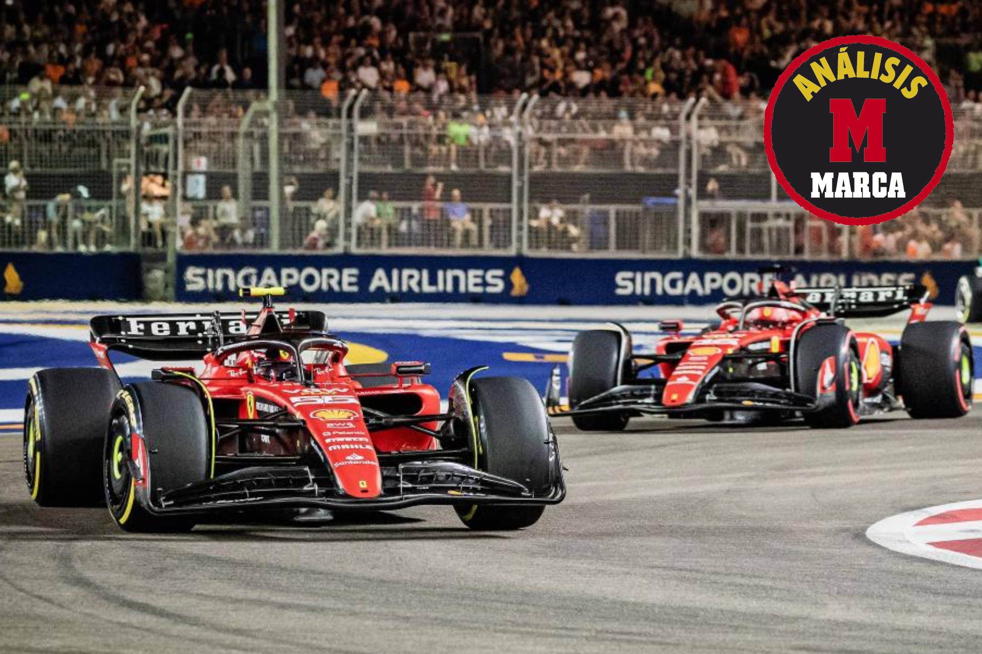 Sainz y Leclerc, en el inicio en Singapur, la ñunica prueba con victoria no Red Bull en 2023.