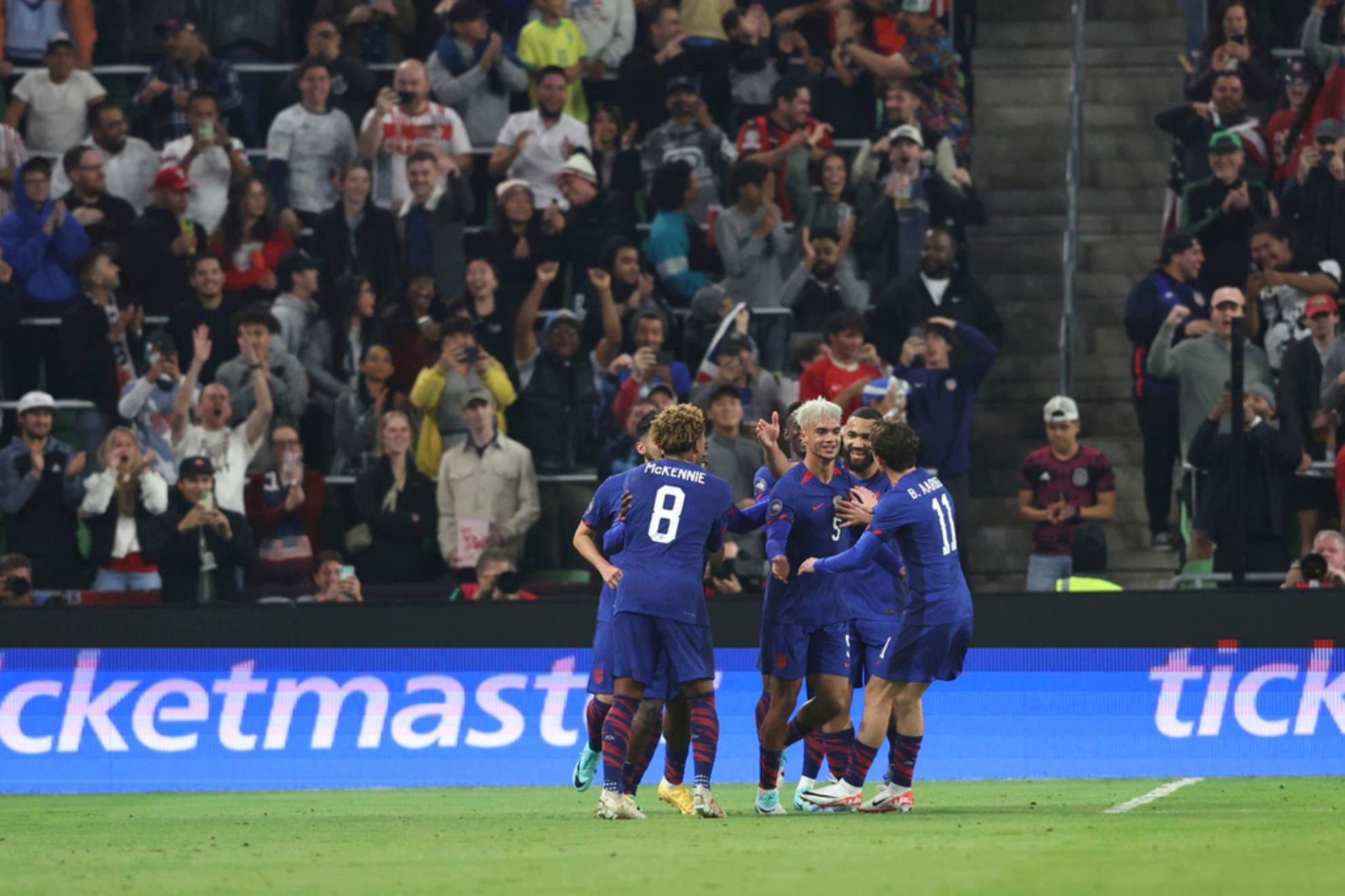 U.S. defender Antonee Robinson (5) celebrates and teammates celebrate his goal against Trinidad and Tobago during the second half of the first leg of a CONCACAF Nations League soccer quarterfinal