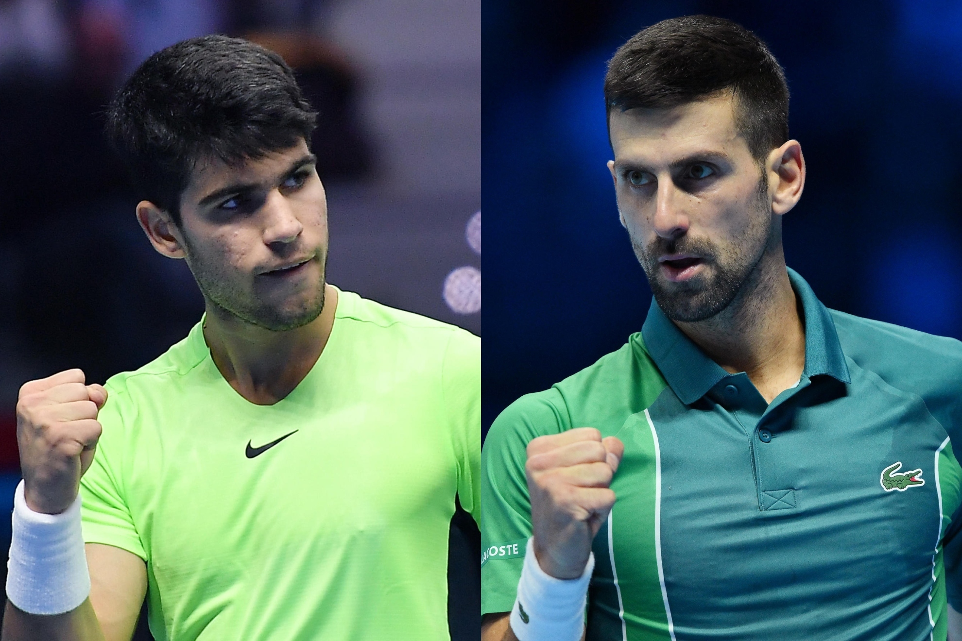 Carlos Alcaraz y Novak Djokovic aprietan el puo durante sus partidos de las ATP Finals 2023