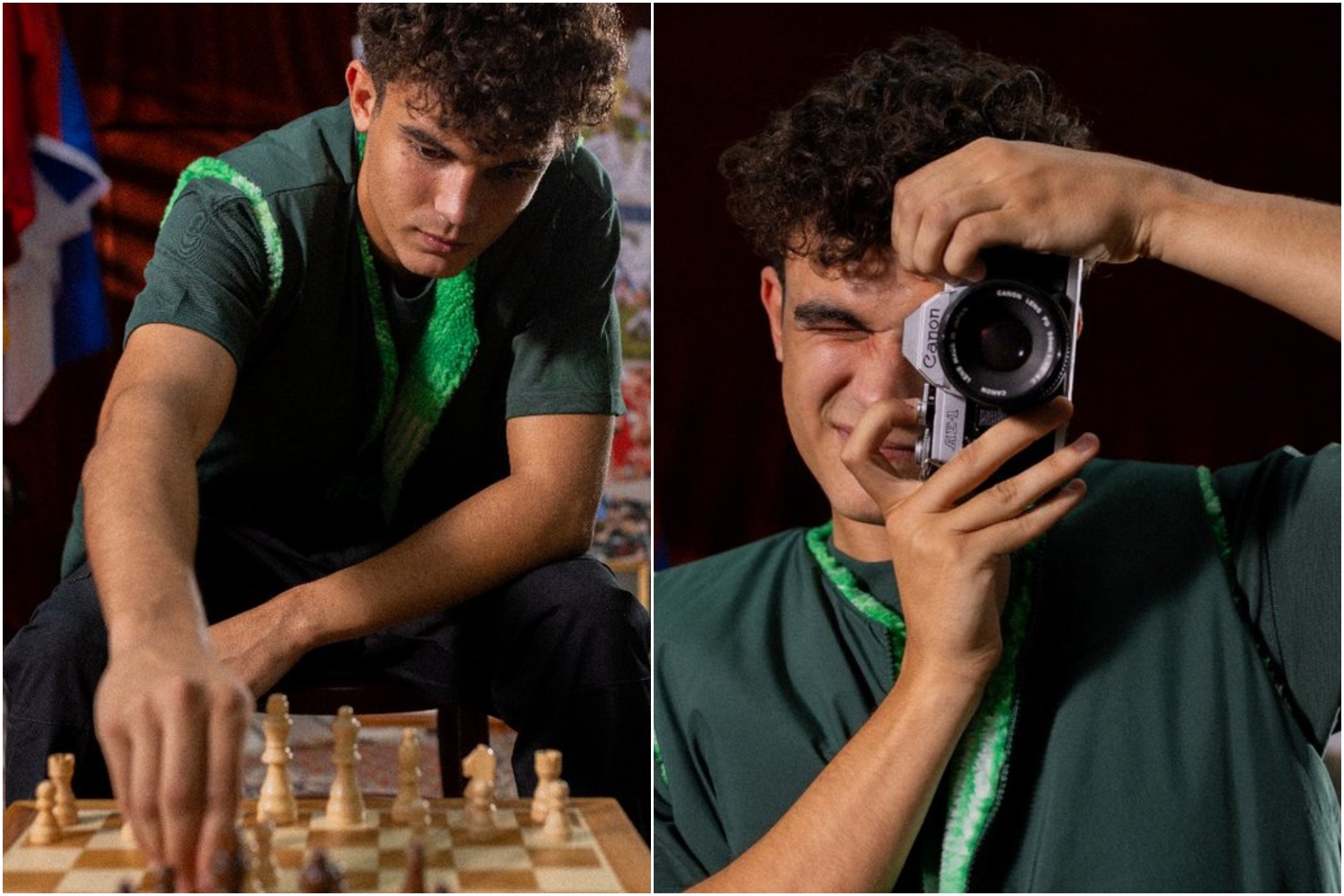 Un montaje con una imagen de Stefan Bajcetic jugando al ajedrez y otra haciendo una fotografía.