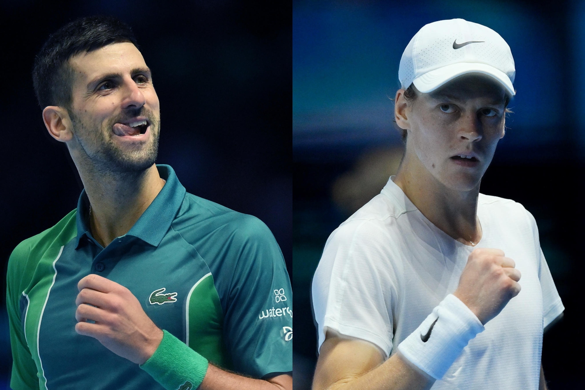 Novak Djokovic y Jannik Sinner aprietan el puo durante su partido en las ATP Finals 2023