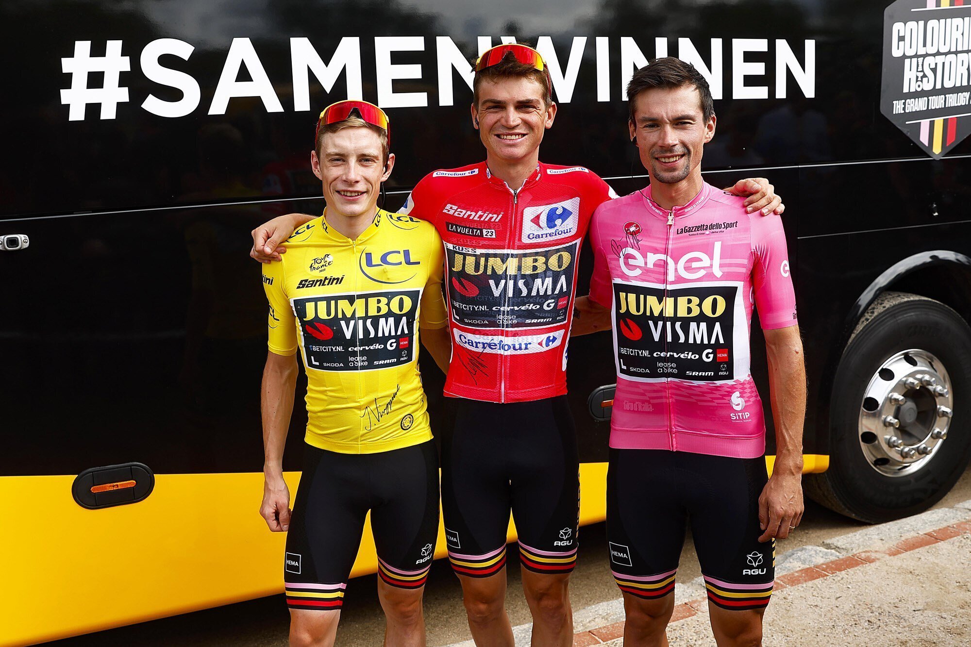 Vingegaard, Kuss y Roglic, ganadores de Tour, Vuelta y Giro en 2023 compartiendo equipo en Jumbo-Visma.