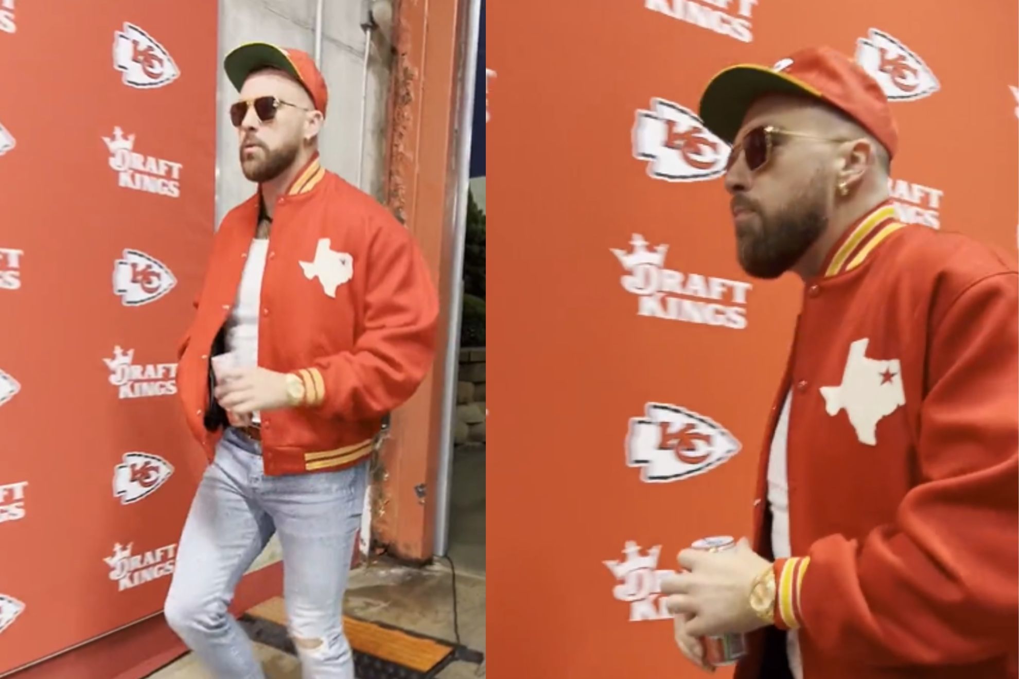 Travis Kelce showed up in Chiefs and Dallas-themed gear for Monday Night Football against the Eagles.
