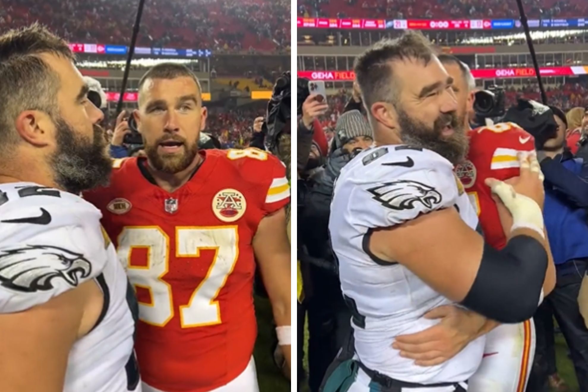 Jason Kelce is all smiles after finally beating brother Travis, coach Reid and Chiefs