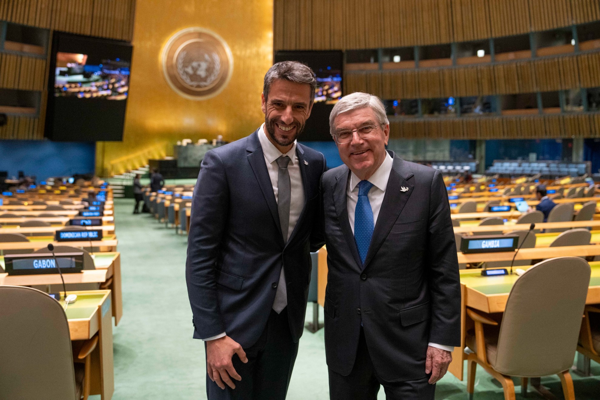 Thomas Bach, president of the International Olympic Committee, and Tony Estanguet, president of the Organizing Committee of the Paris 2024 Olympic and Paralympic Games, at UN headquarters.