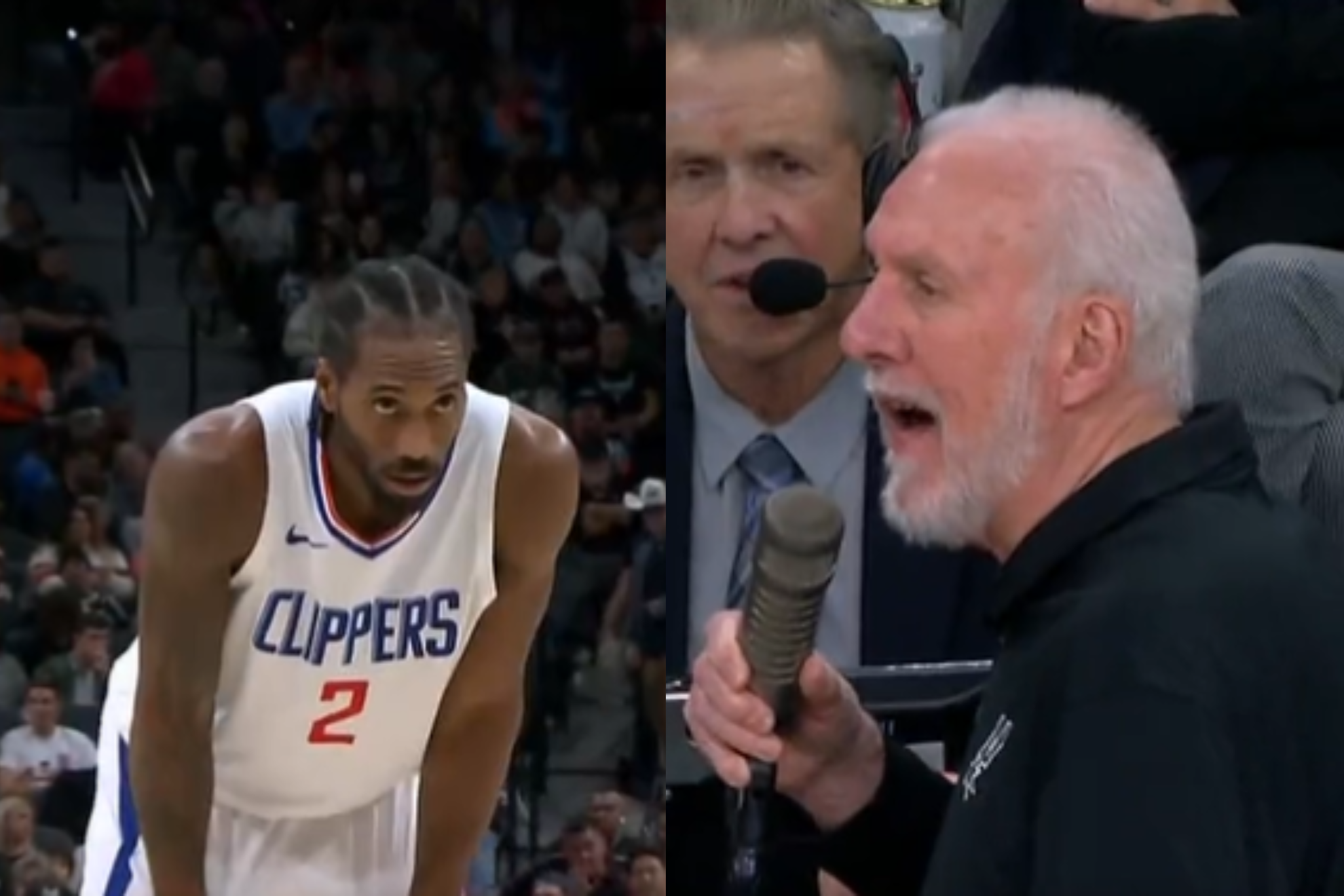 Popovich (right) grabbed the mic while Leonard (left) shot second-quarter free throws.
