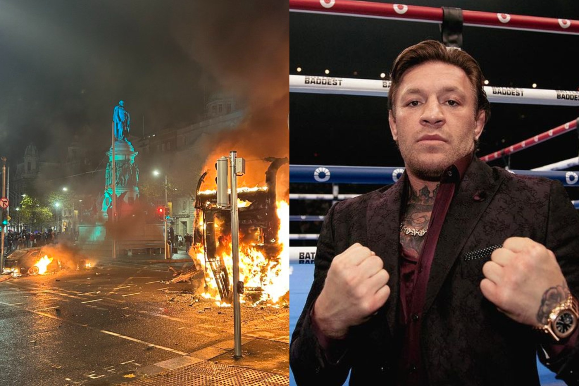 Mashup image of Dublin riots and Conor McGregor