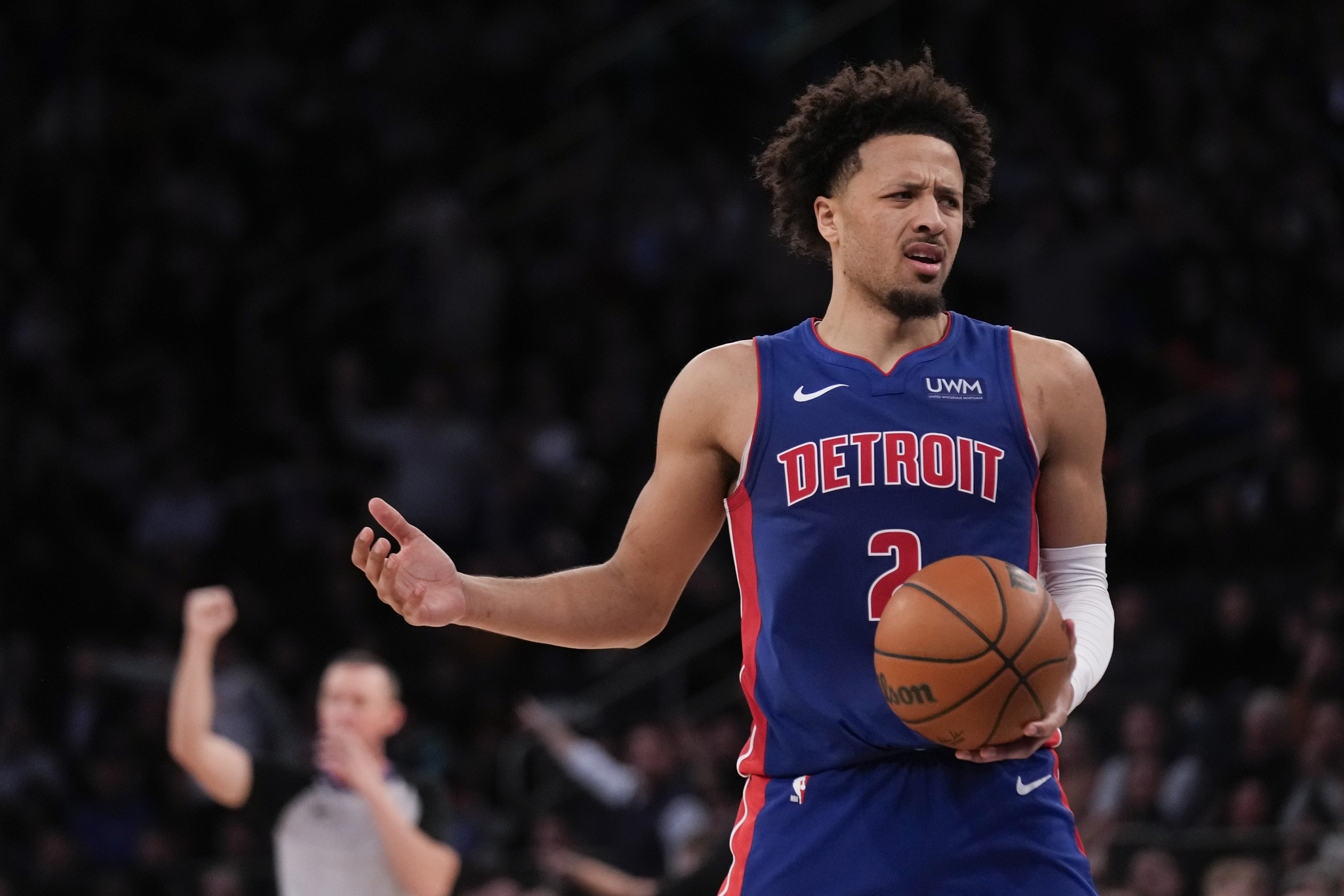 Cade Cunningham of the Detroit Pistons reacts to