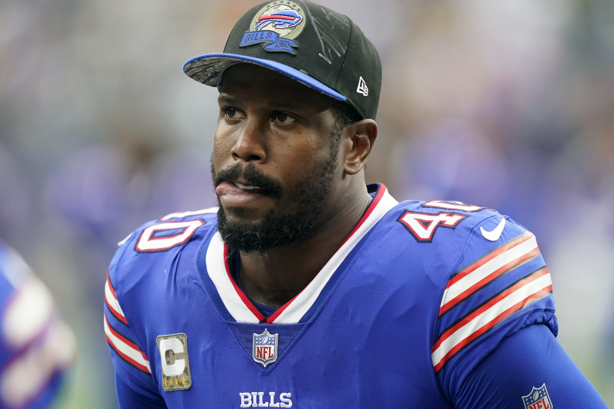 FILE - Buffalo Bills linebacker Von Miller reacts during the first half of an NFL football game against the New York Jets, Sunday, Nov. 6, 2022, in East Rutherford, N.J.