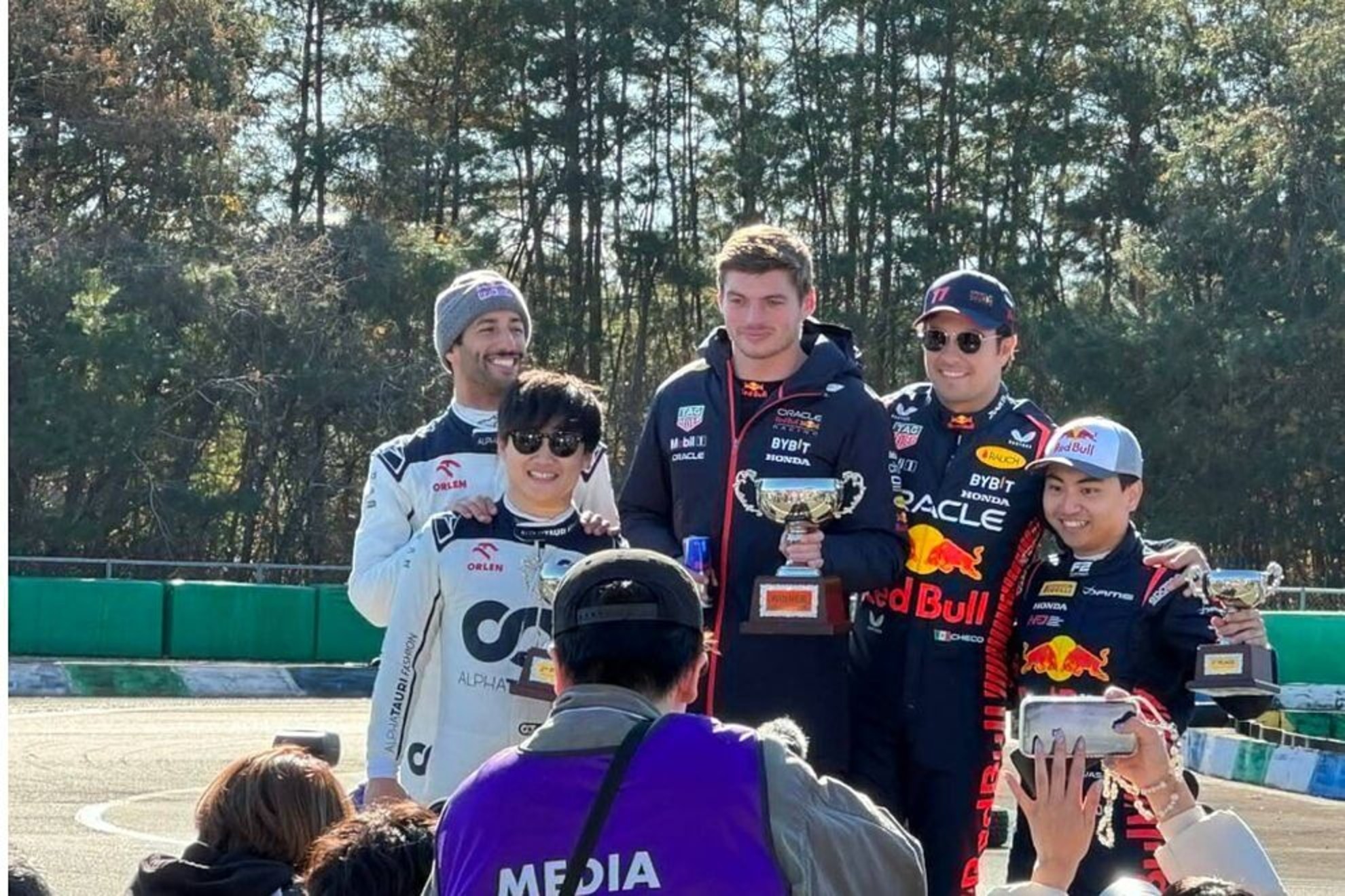Verstappen and Checo Pérez celebrate at Honda Thanks Day
