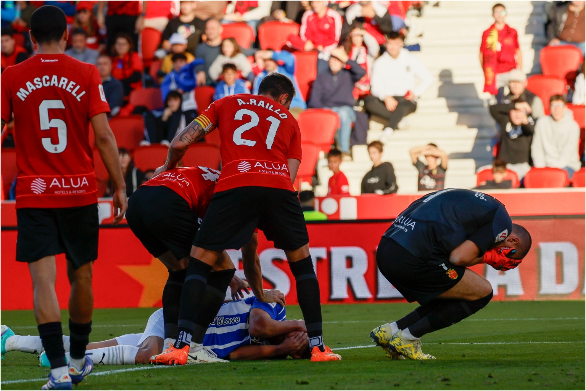 l guardameta serbio del Mallorca, Predrag Rajkovic,se duele tras chocar con un jugador del Alavés.