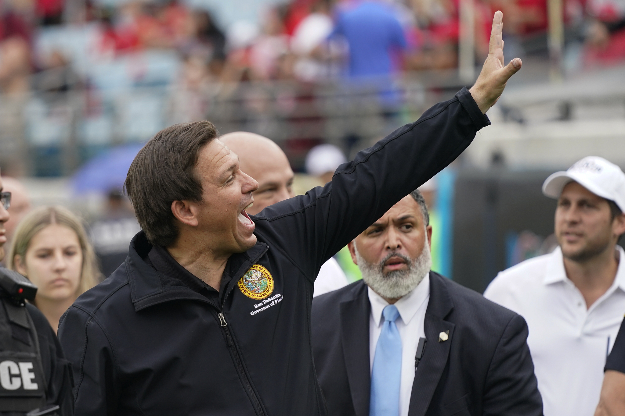 Florida Governor Ron DeSantis, at a college football game in October of 2022.