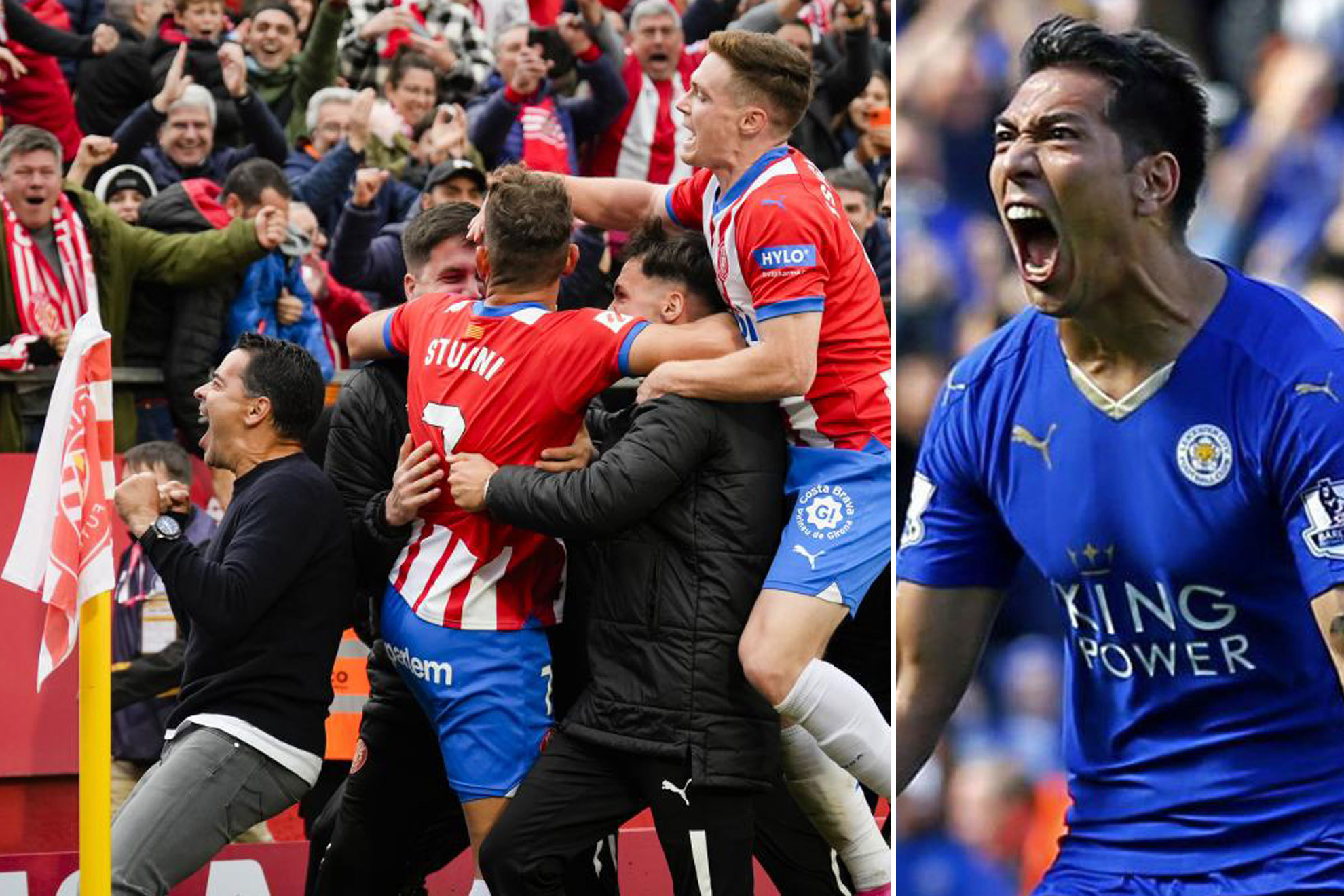 Celebraci�n de un gol del Girona y Ulloa con el Leicester.