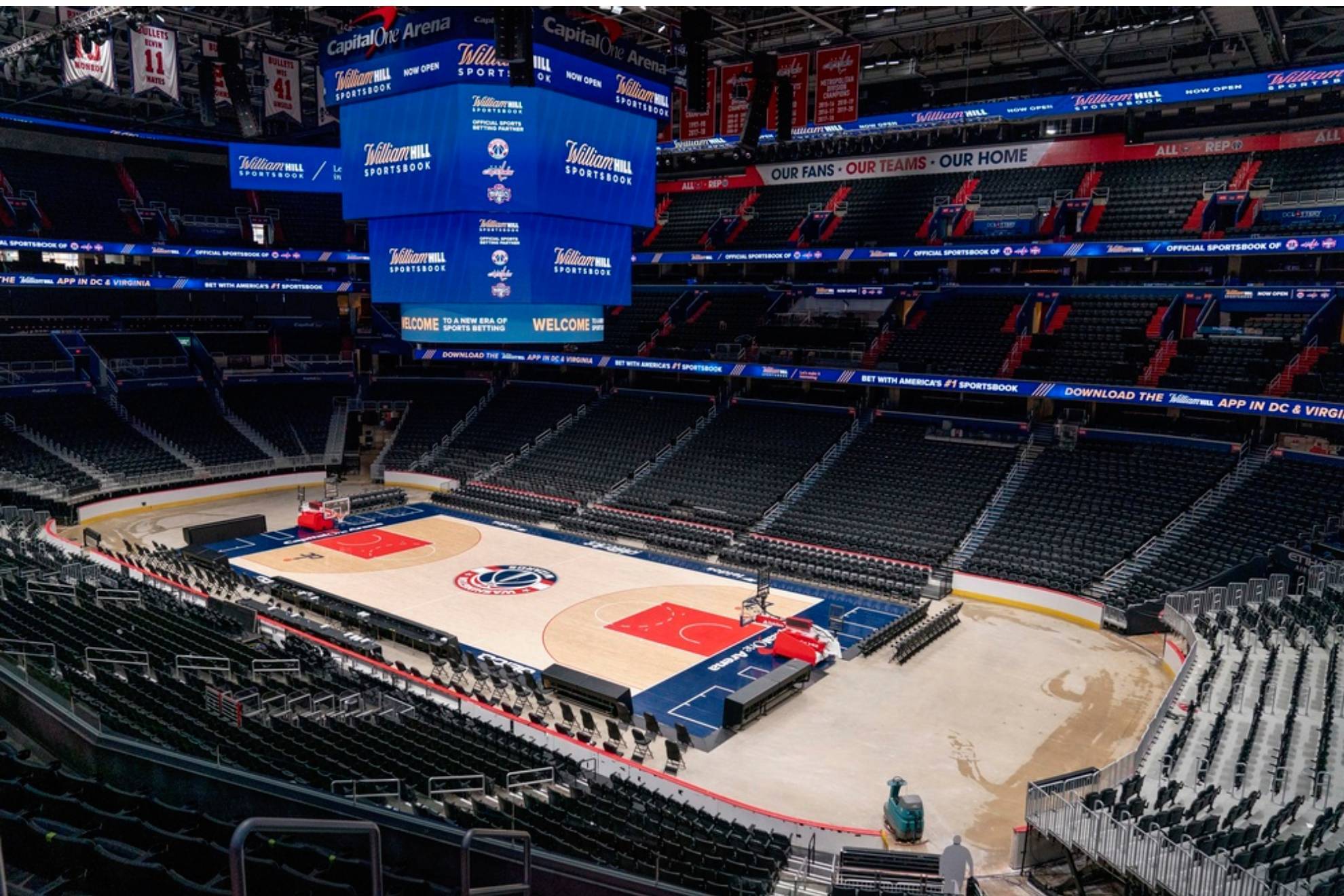 Screens display the William Hill Sportsbook logo at Monumental Sports & Entertainments Capital One Arena in Washington /