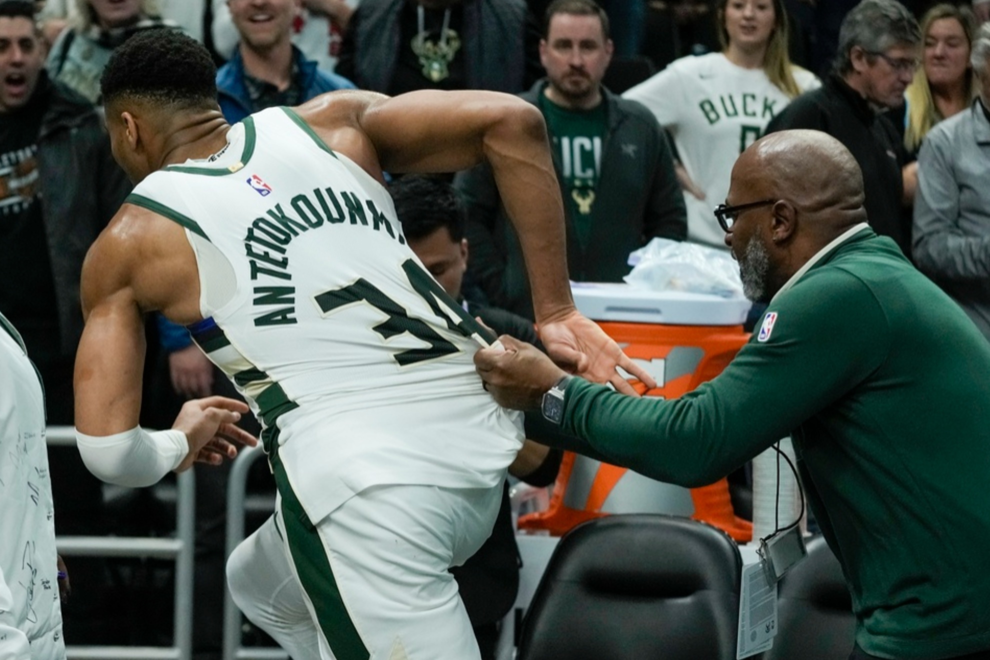 Giannis Antetokounmpo seen running into the Pacers locker room after scoring 64 points
