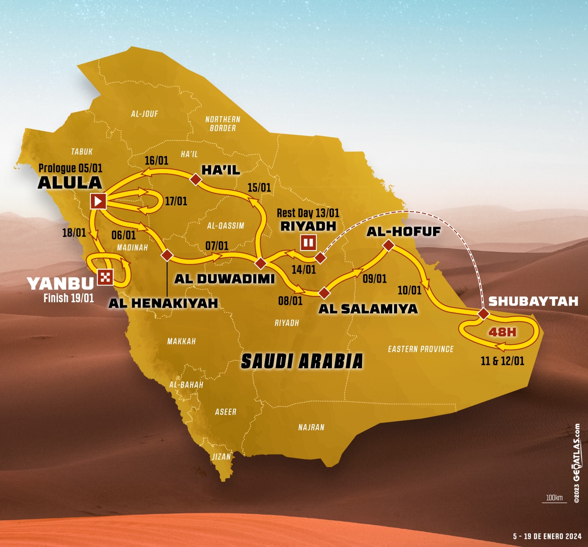 El mapa del recorrido del Rally Dakar 2024.